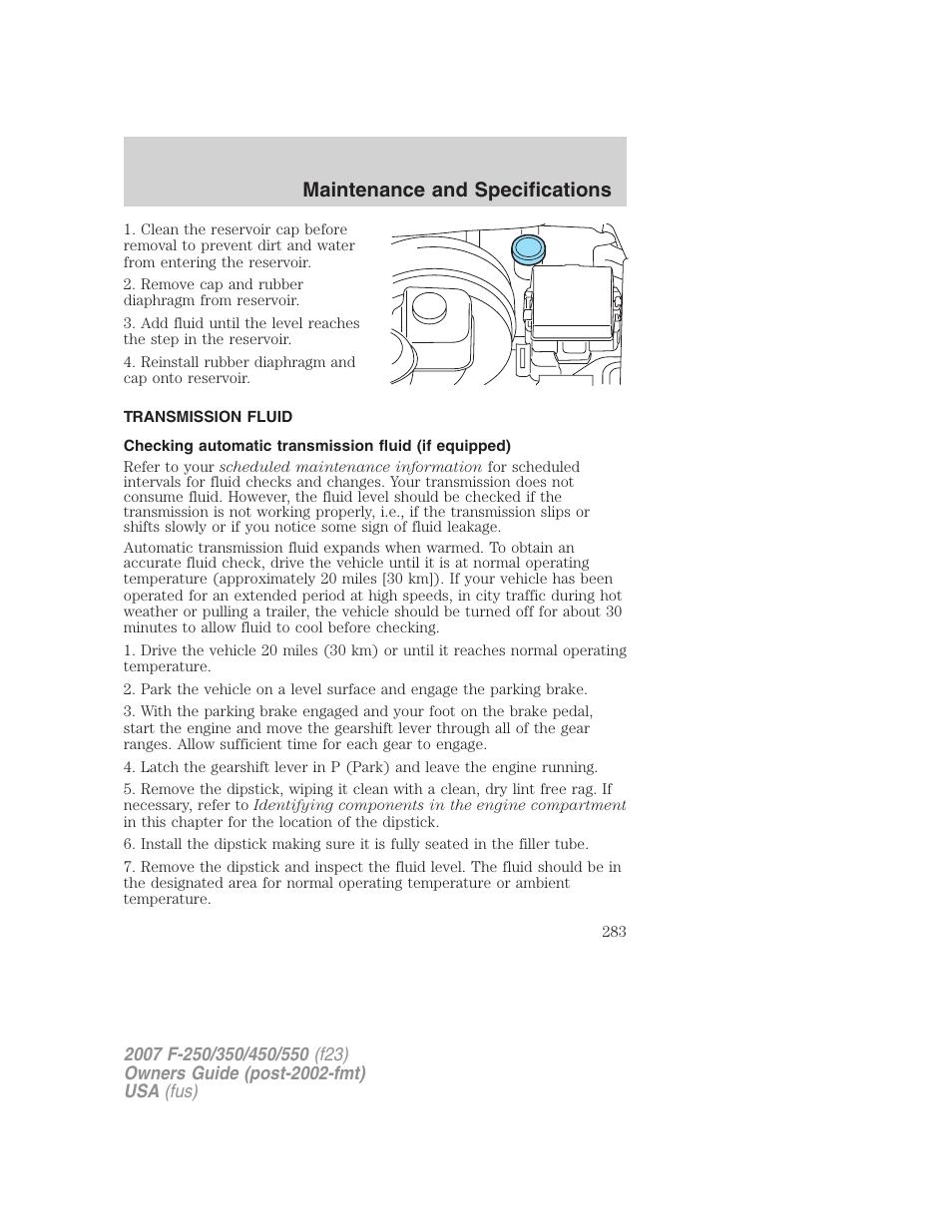 Transmission fluid, Maintenance and specifications | FORD 2007 F-550 v.1 User Manual | Page 283 / 312