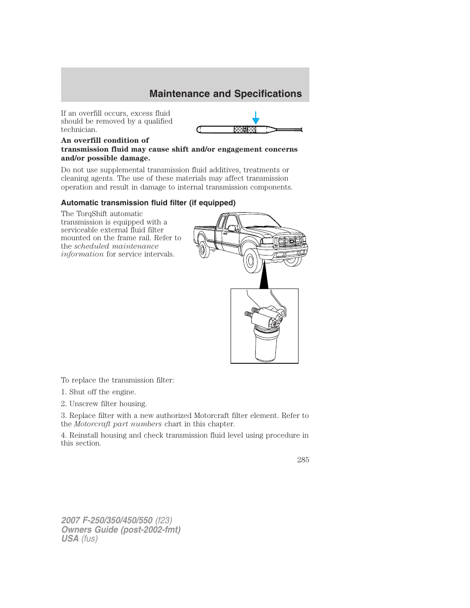 Automatic transmission fluid filter (if equipped), Maintenance and specifications | FORD 2007 F-550 v.1 User Manual | Page 285 / 312