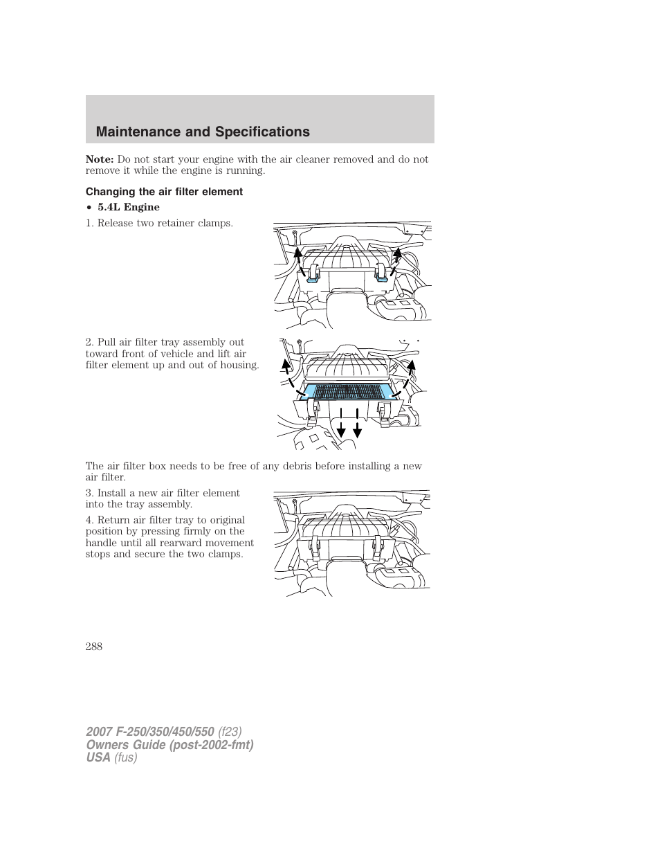 Changing the air filter element, Air filter(s), Maintenance and specifications | FORD 2007 F-550 v.1 User Manual | Page 288 / 312