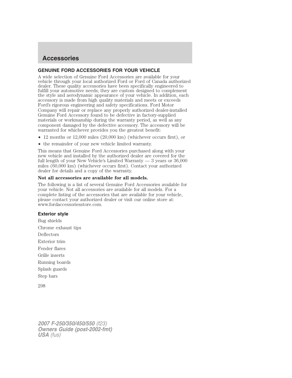 Accessories, Genuine ford accessories for your vehicle, Exterior style | FORD 2007 F-550 v.1 User Manual | Page 298 / 312