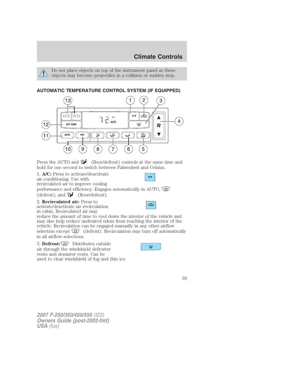 Automatic temperature control system (if equipped), Automatic temperature control, Climate controls | FORD 2007 F-550 v.1 User Manual | Page 39 / 312