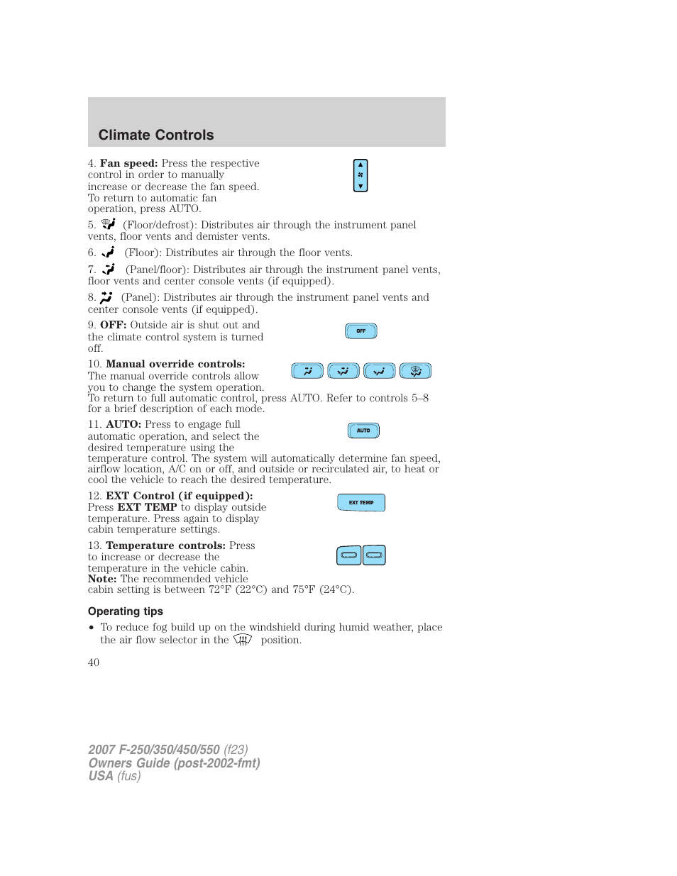 Operating tips, Climate controls | FORD 2007 F-550 v.1 User Manual | Page 40 / 312