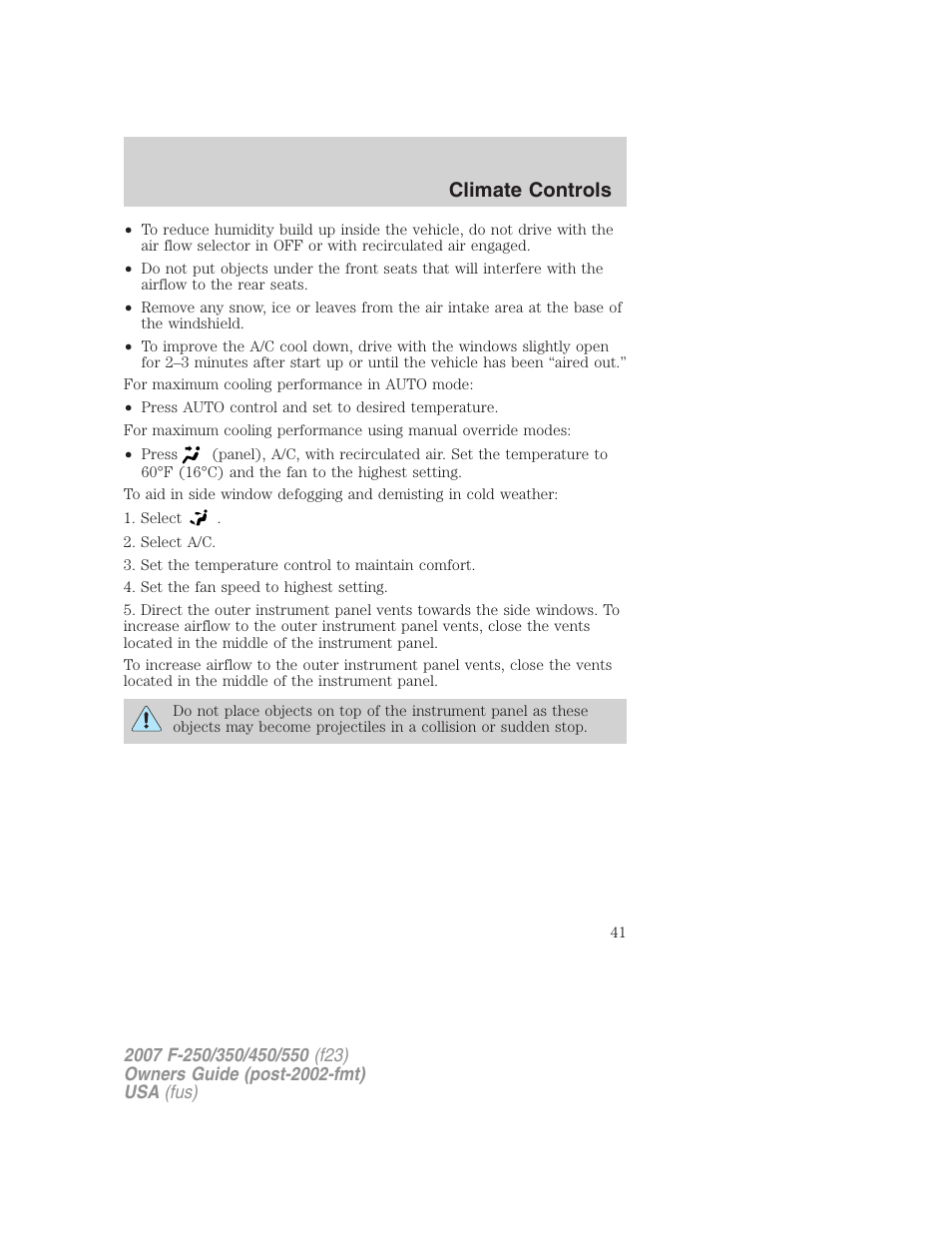 Climate controls | FORD 2007 F-550 v.1 User Manual | Page 41 / 312