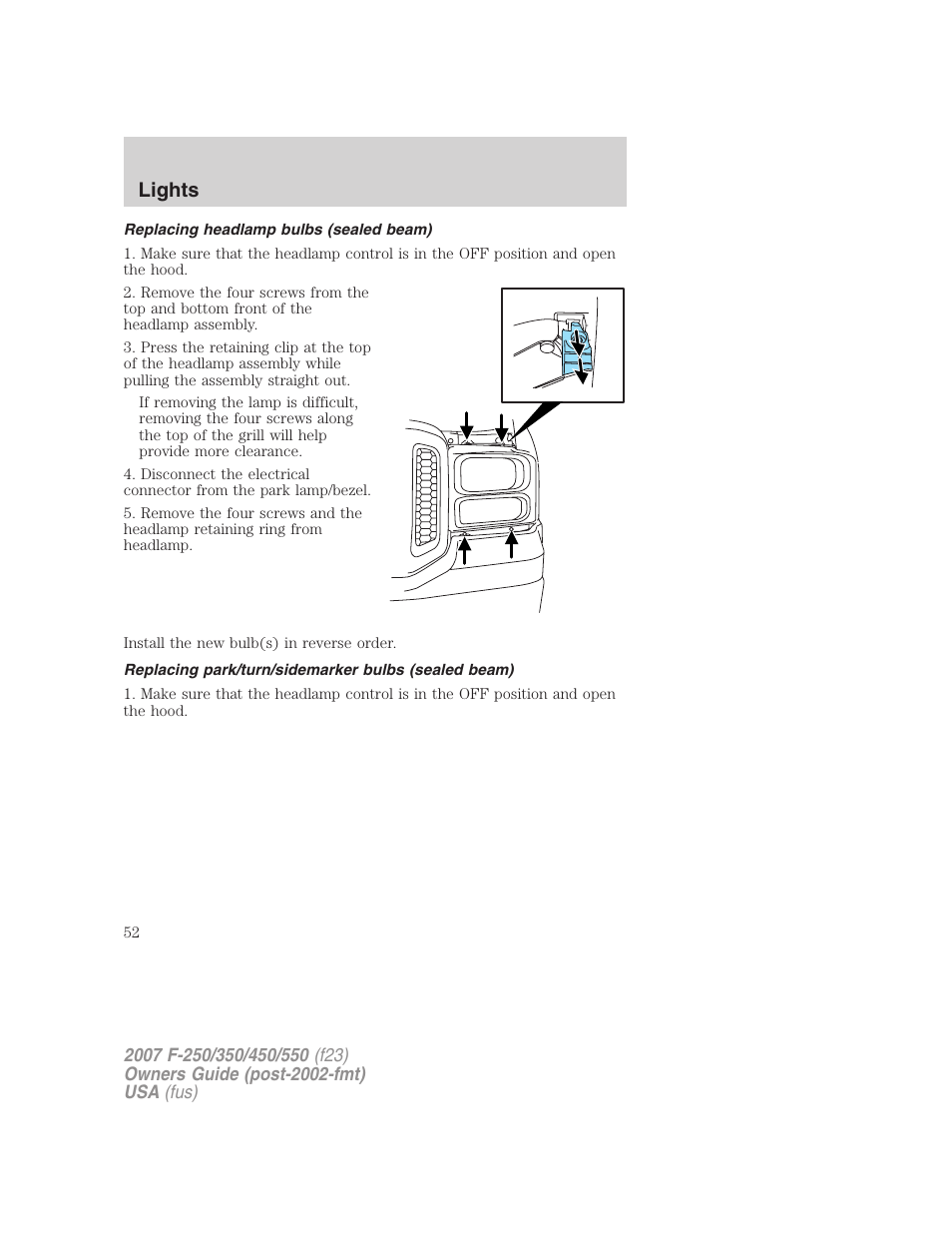 Replacing headlamp bulbs (sealed beam), Replacing park/turn/sidemarker bulbs (sealed beam), Lights | FORD 2007 F-550 v.1 User Manual | Page 52 / 312