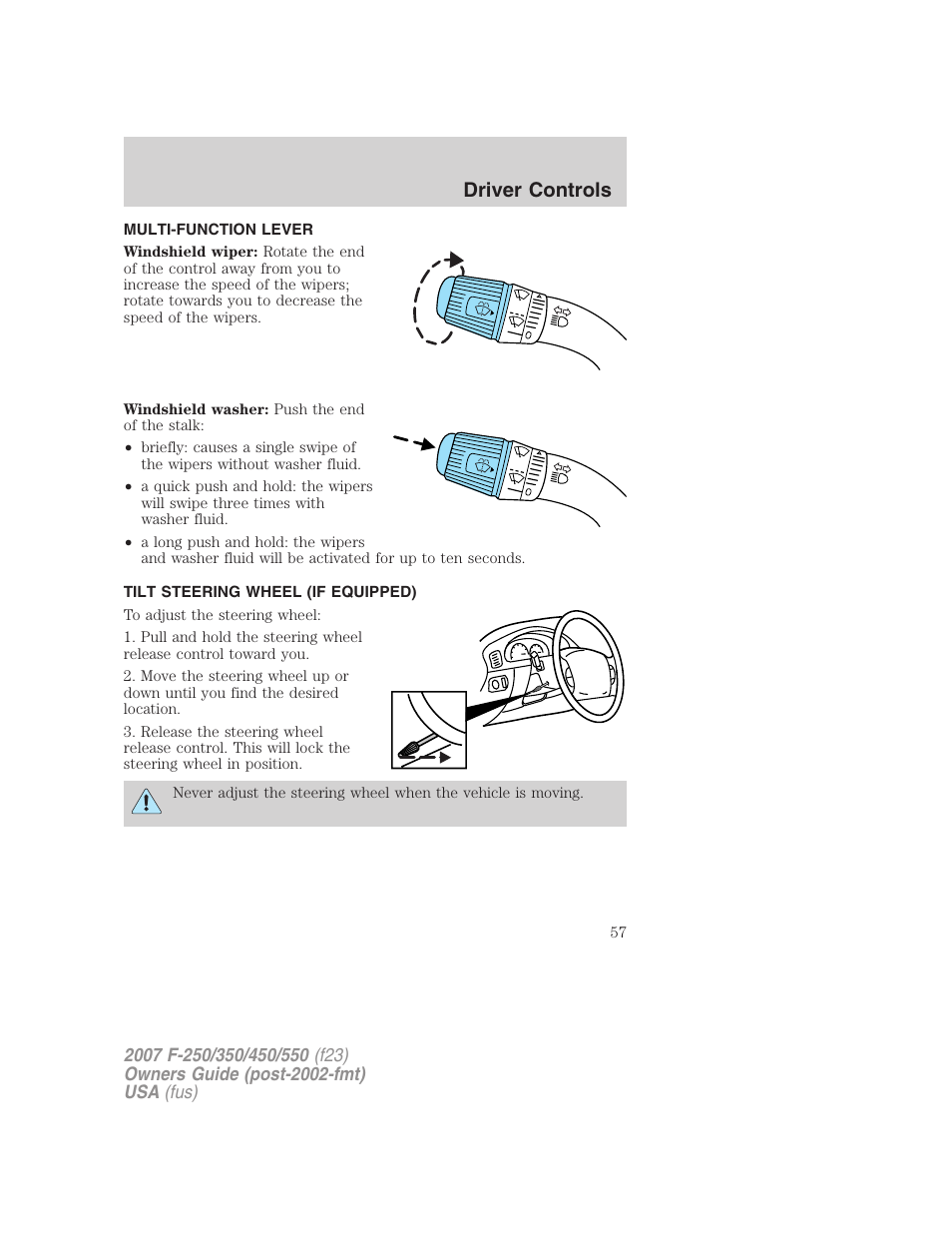 Driver controls, Multi-function lever, Tilt steering wheel (if equipped) | Windshield wiper/washer control, Steering wheel adjustment | FORD 2007 F-550 v.1 User Manual | Page 57 / 312