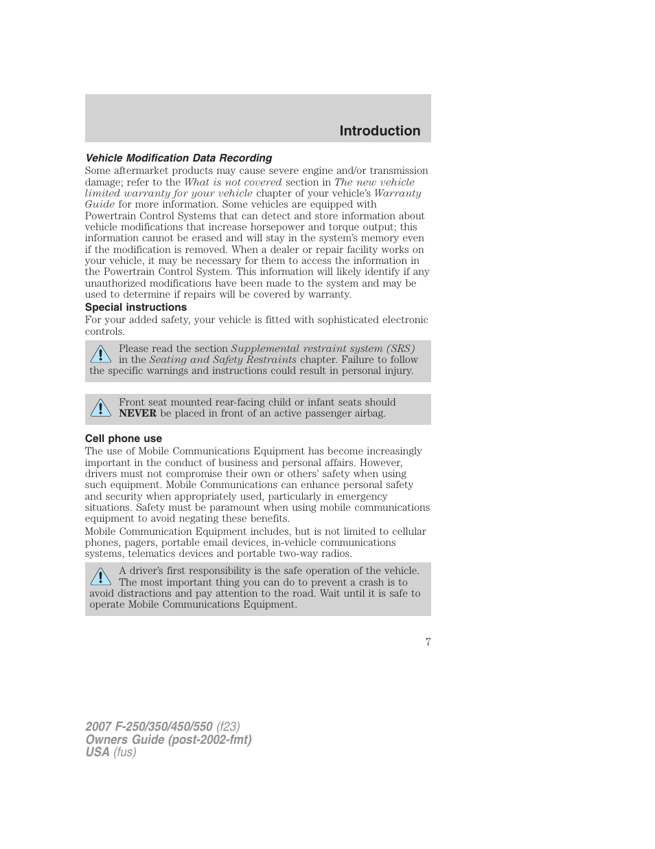 Vehicle modification data recording, Special instructions, Cell phone use | Introduction | FORD 2007 F-550 v.1 User Manual | Page 7 / 312