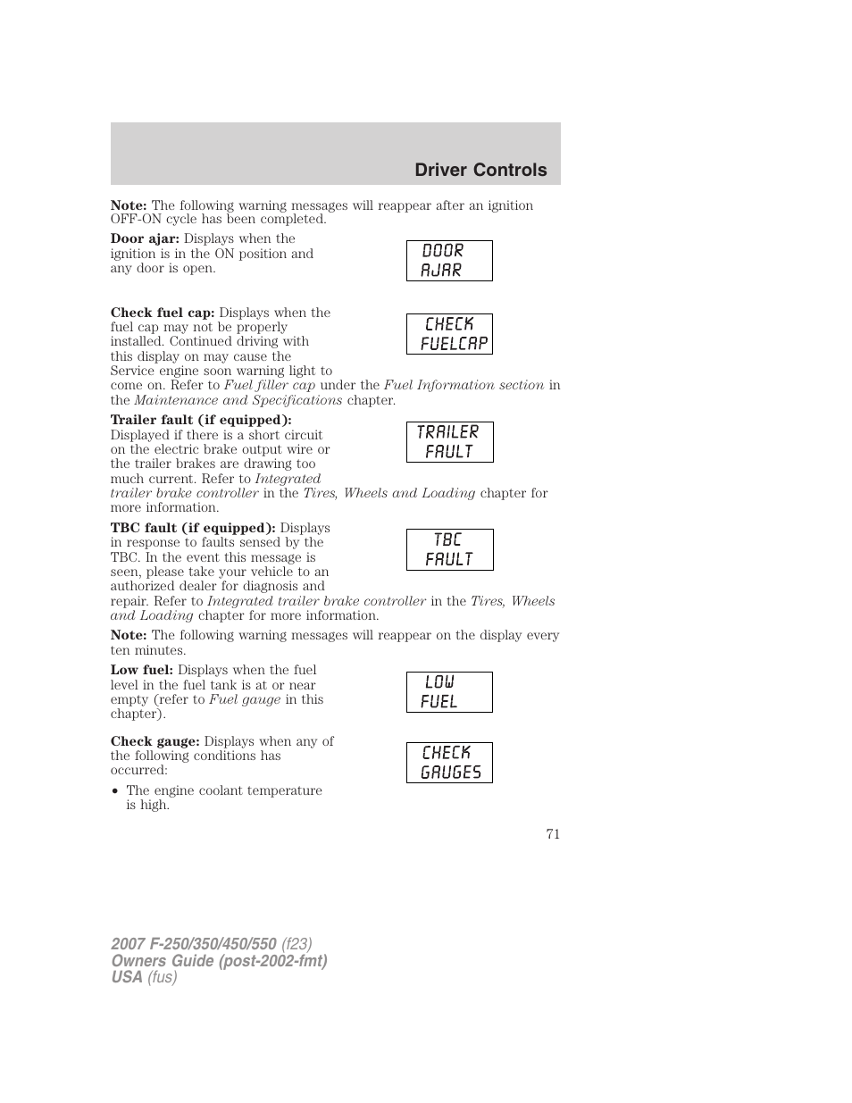 Driver controls | FORD 2007 F-550 v.1 User Manual | Page 71 / 312