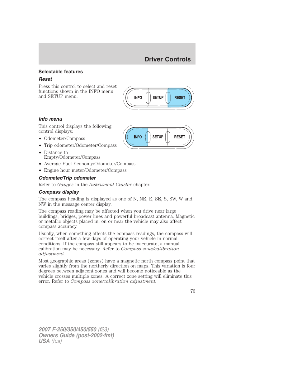 Selectable features, Reset, Info menu | Odometer/trip odometer, Compass display, Driver controls | FORD 2007 F-550 v.1 User Manual | Page 73 / 312