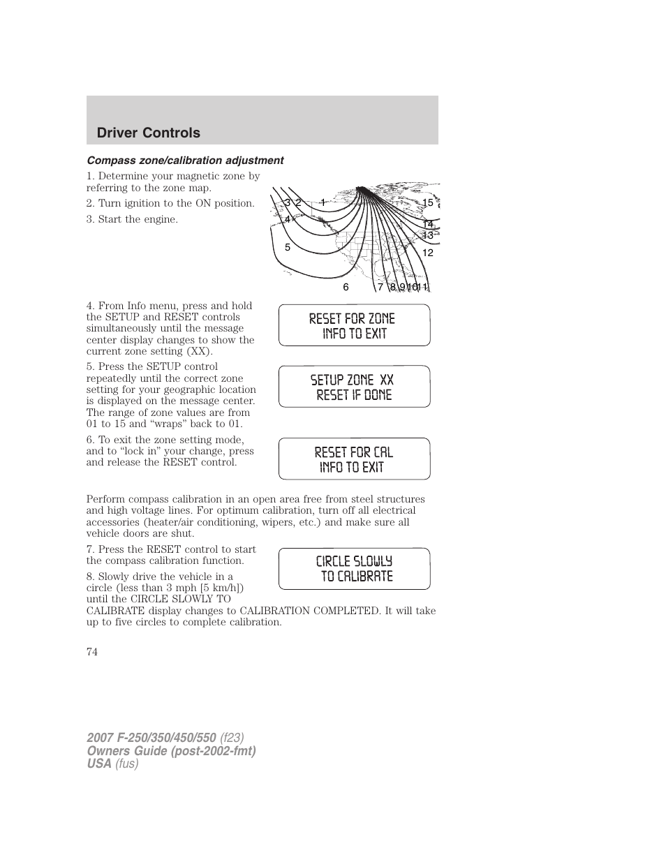 Compass zone/calibration adjustment, Driver controls | FORD 2007 F-550 v.1 User Manual | Page 74 / 312