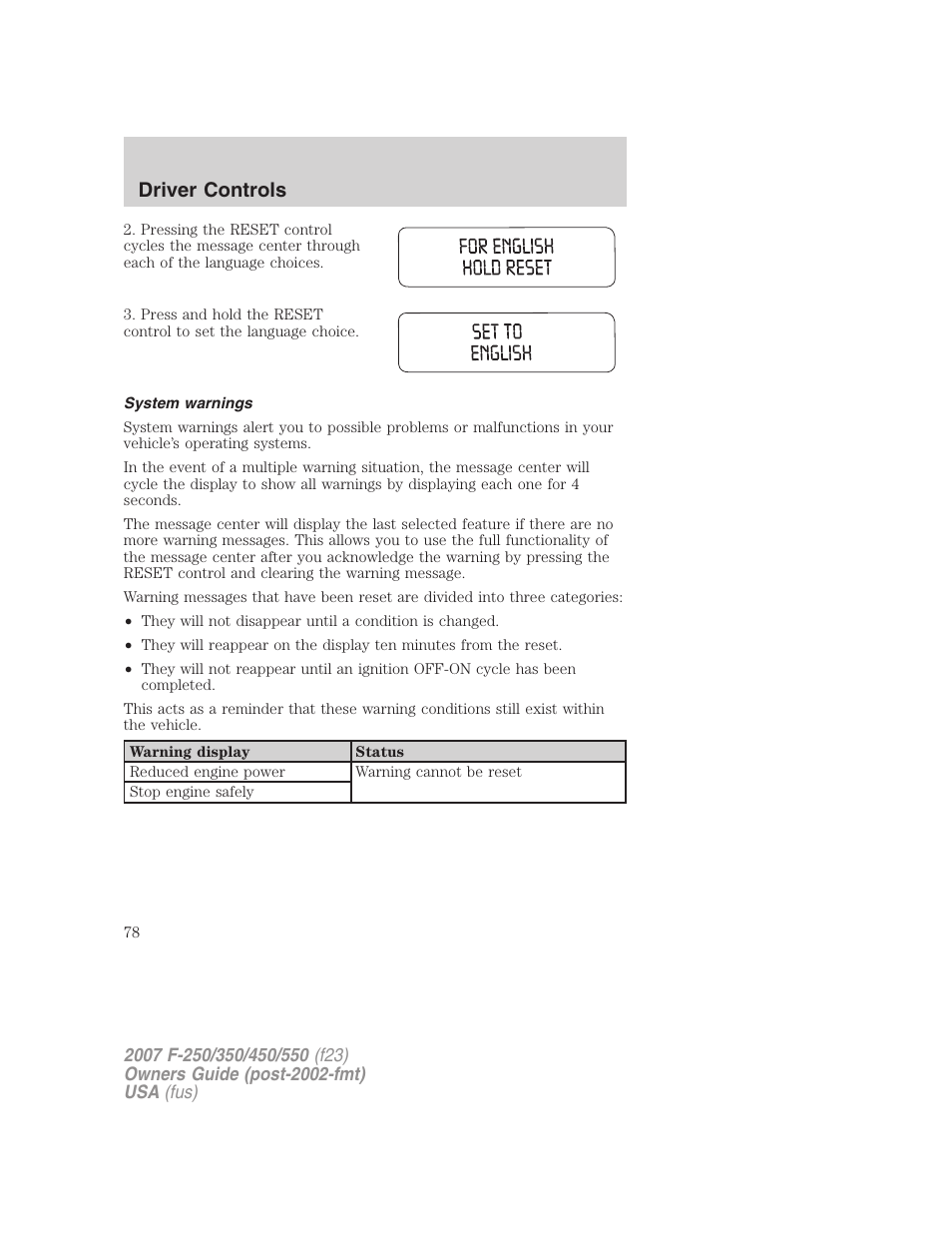 System warnings, Driver controls | FORD 2007 F-550 v.1 User Manual | Page 78 / 312