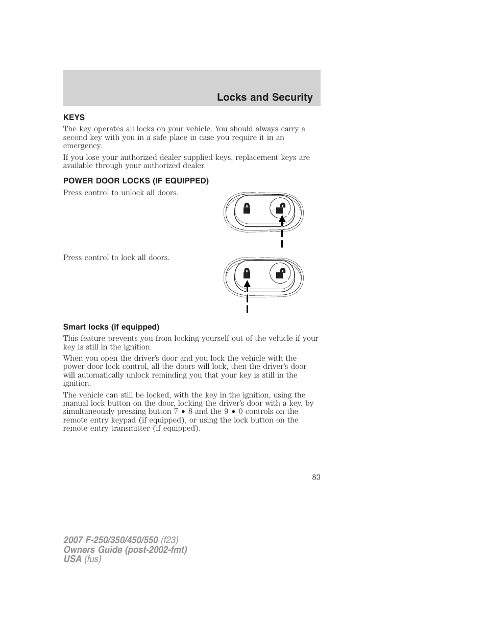 Locks and security, Keys, Power door locks (if equipped) | Smart locks (if equipped), Locks | FORD 2007 F-550 v.1 User Manual | Page 83 / 312