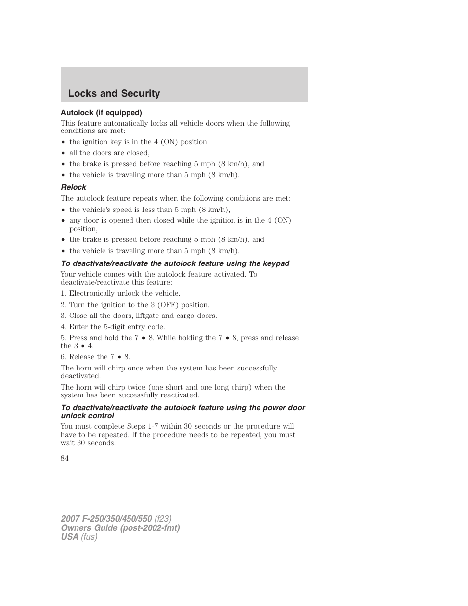 Autolock (if equipped), Relock, Locks and security | FORD 2007 F-550 v.1 User Manual | Page 84 / 312