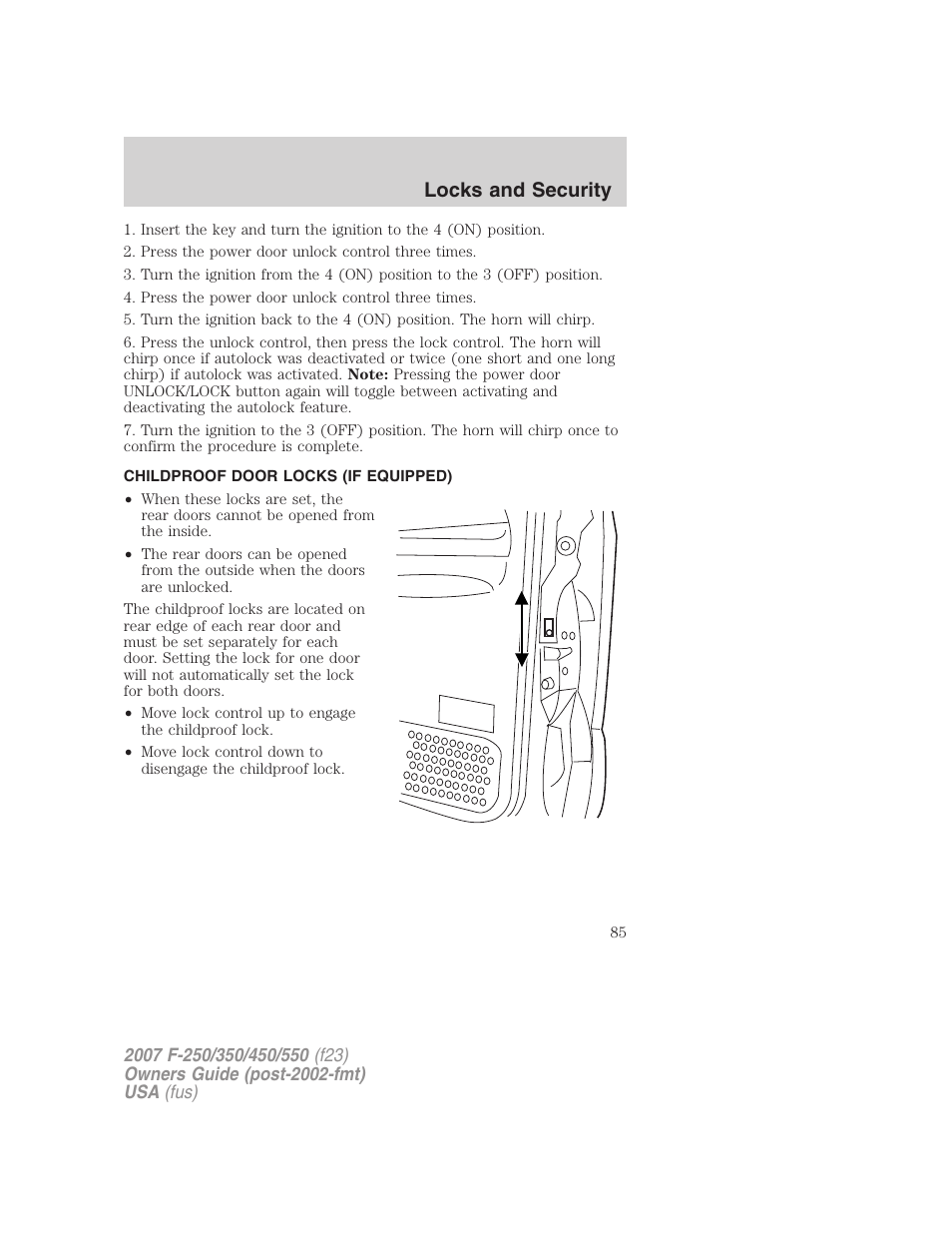 Childproof door locks (if equipped), Locks and security | FORD 2007 F-550 v.1 User Manual | Page 85 / 312