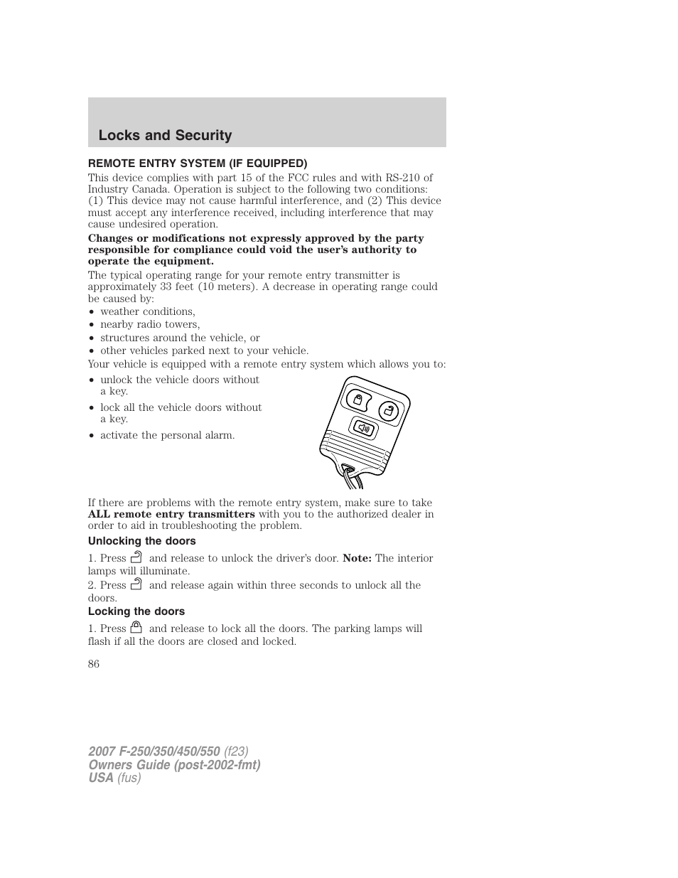 Remote entry system (if equipped), Unlocking the doors, Locking the doors | Locks and security | FORD 2007 F-550 v.1 User Manual | Page 86 / 312
