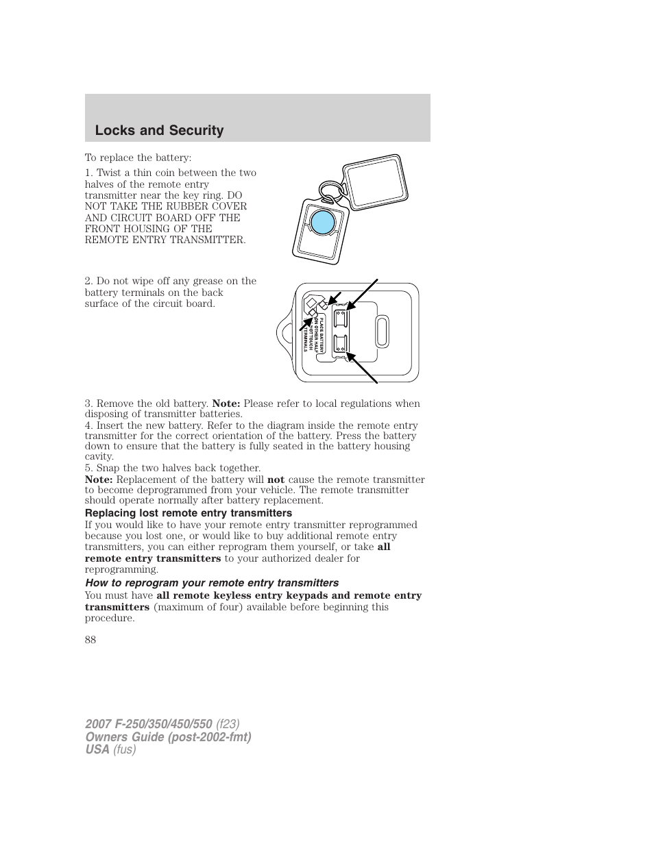 Replacing lost remote entry transmitters, How to reprogram your remote entry transmitters, Locks and security | FORD 2007 F-550 v.1 User Manual | Page 88 / 312