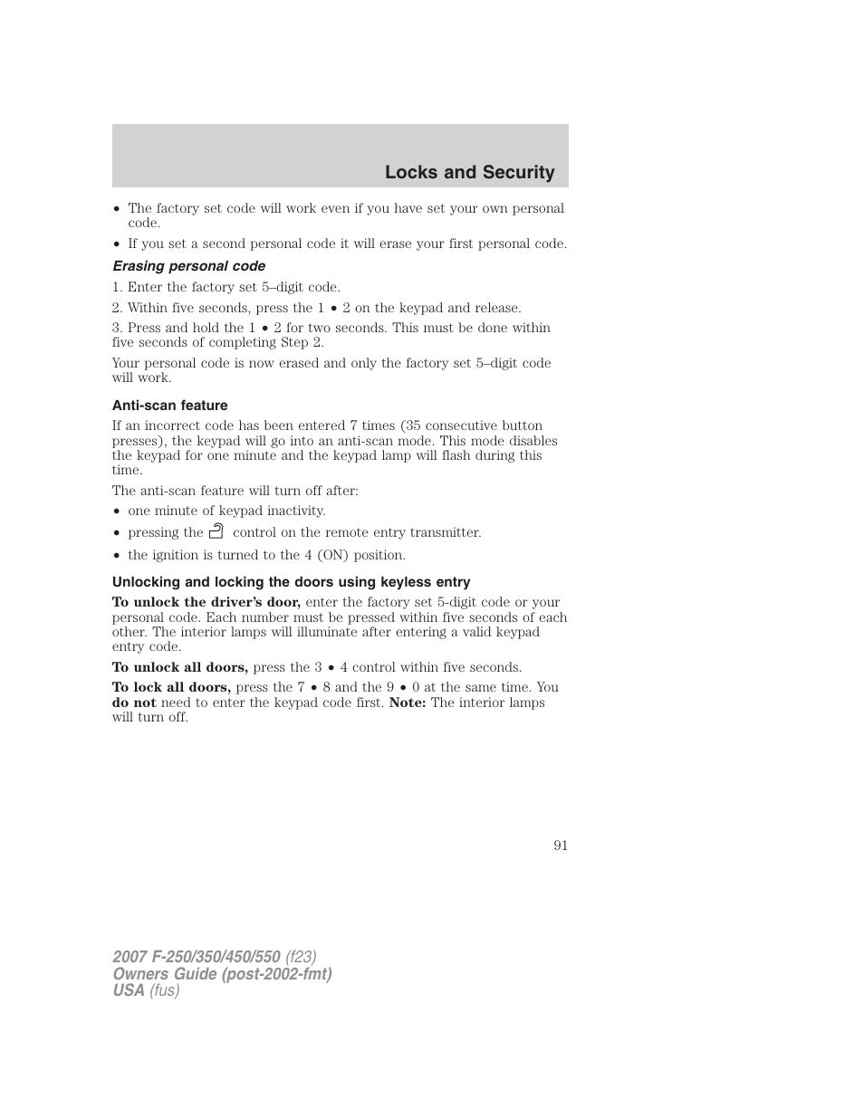 Erasing personal code, Anti-scan feature, Locks and security | FORD 2007 F-550 v.1 User Manual | Page 91 / 312
