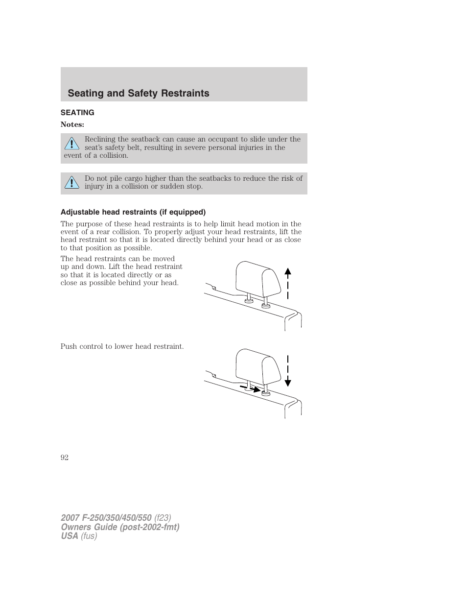 Seating and safety restraints, Seating, Adjustable head restraints (if equipped) | FORD 2007 F-550 v.1 User Manual | Page 92 / 312