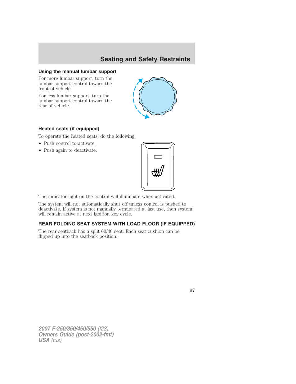 Using the manual lumbar support, Heated seats (if equipped), Seating and safety restraints | FORD 2007 F-550 v.1 User Manual | Page 97 / 312