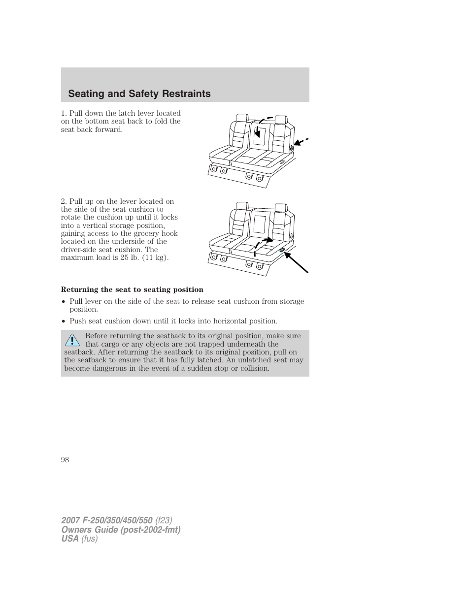 Seating and safety restraints | FORD 2007 F-550 v.1 User Manual | Page 98 / 312