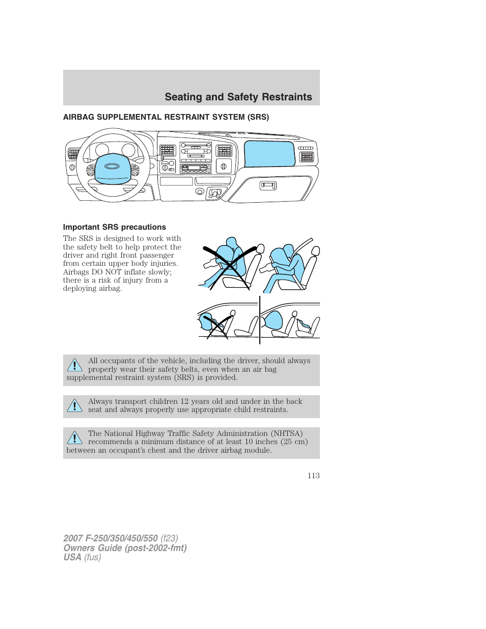 Airbag supplemental restraint system (srs), Important srs precautions, Airbags | Seating and safety restraints | FORD 2007 F-550 v.2 User Manual | Page 113 / 312