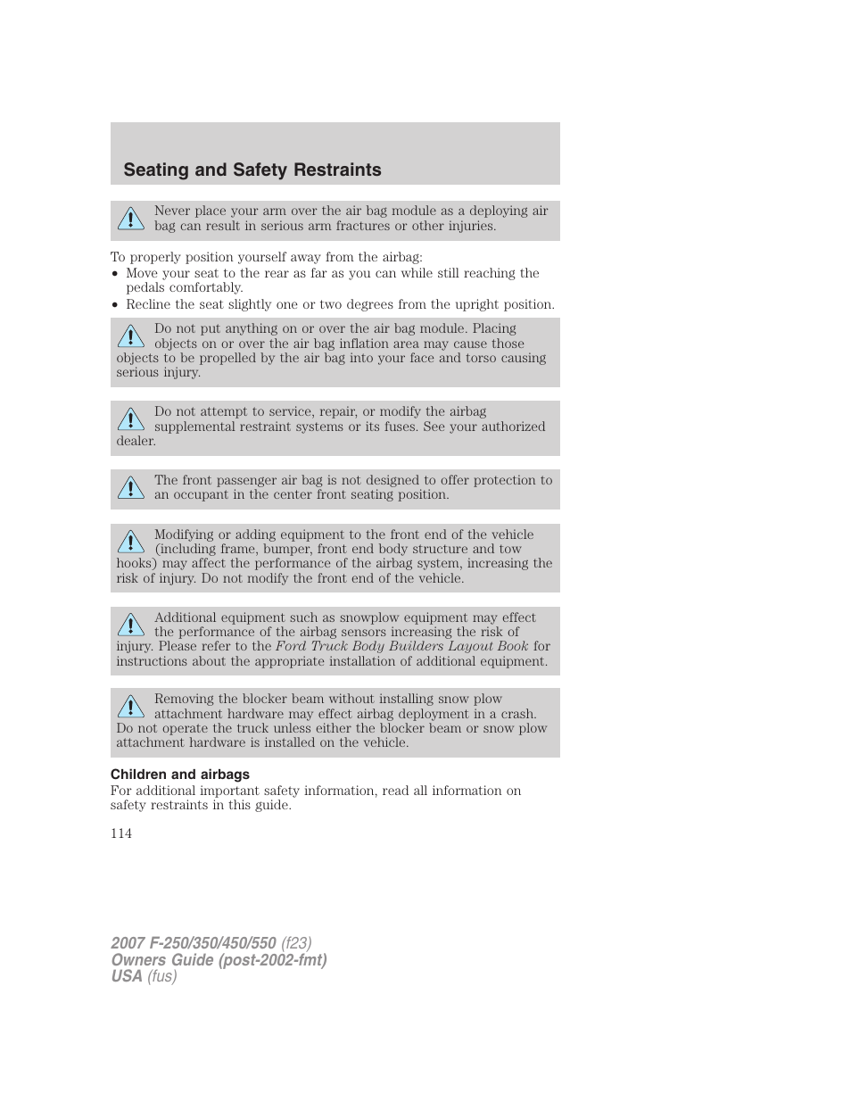 Children and airbags, Seating and safety restraints | FORD 2007 F-550 v.2 User Manual | Page 114 / 312