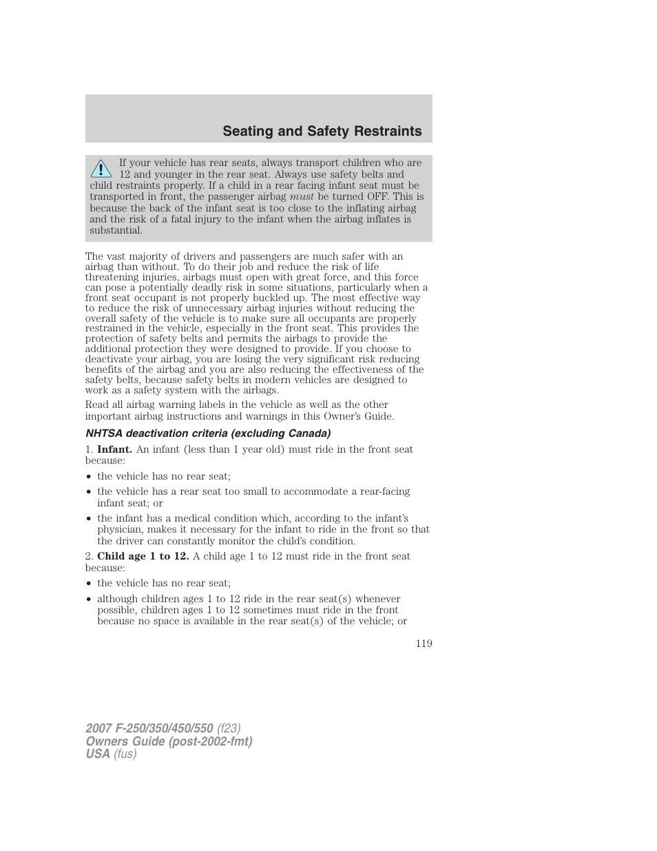 Nhtsa deactivation criteria (excluding canada), Seating and safety restraints | FORD 2007 F-550 v.2 User Manual | Page 119 / 312