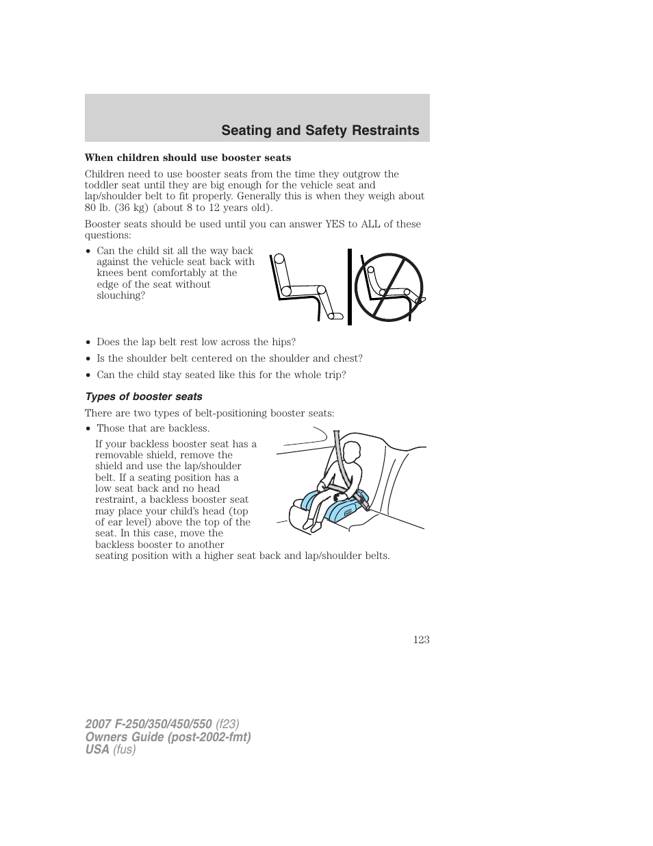 Types of booster seats, Seating and safety restraints | FORD 2007 F-550 v.2 User Manual | Page 123 / 312