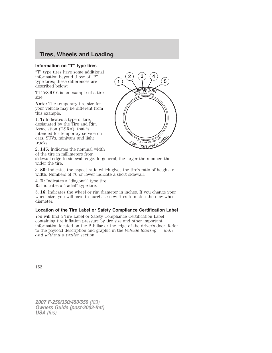 Information on “t” type tires, Tires, wheels and loading | FORD 2007 F-550 v.2 User Manual | Page 152 / 312