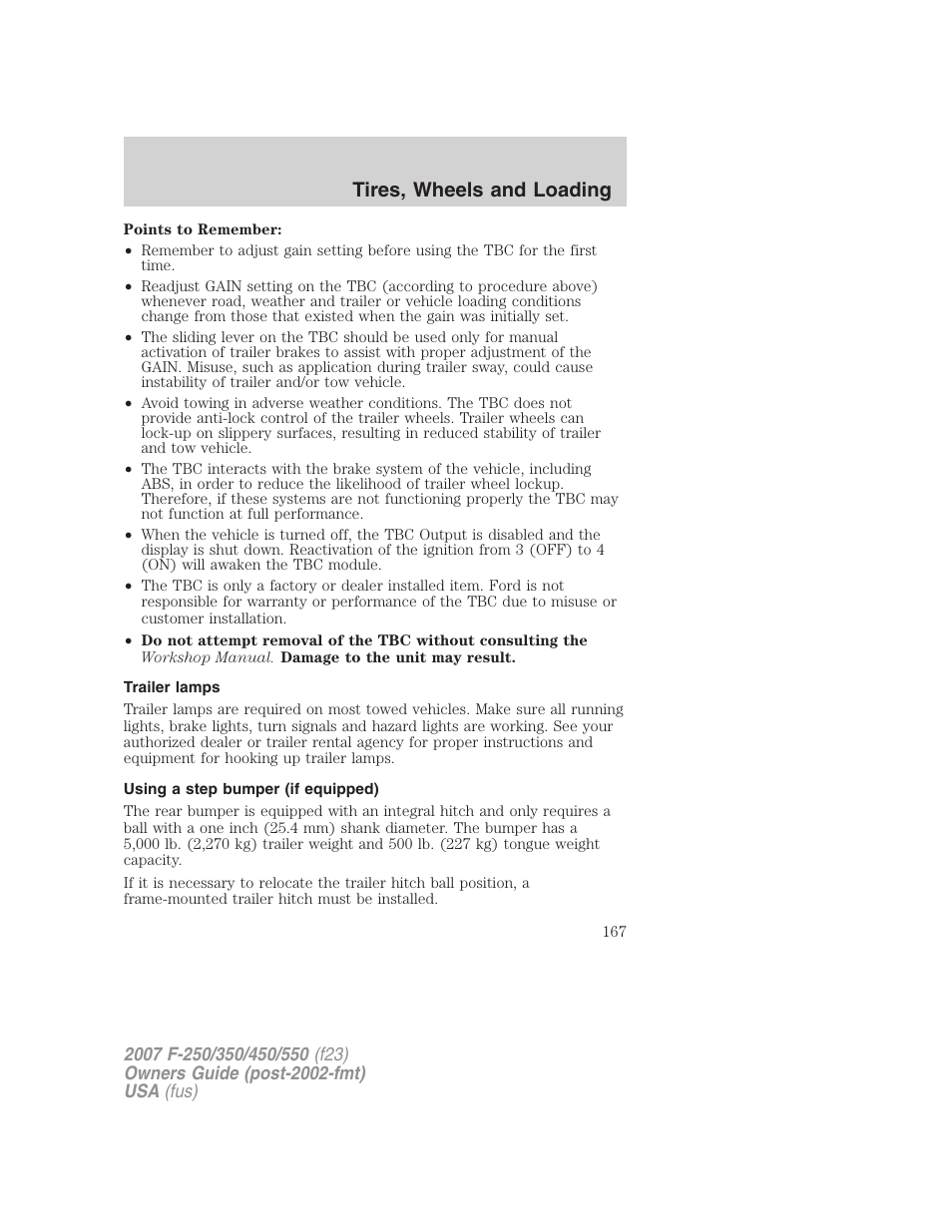 Trailer lamps, Using a step bumper (if equipped), Tires, wheels and loading | FORD 2007 F-550 v.2 User Manual | Page 167 / 312