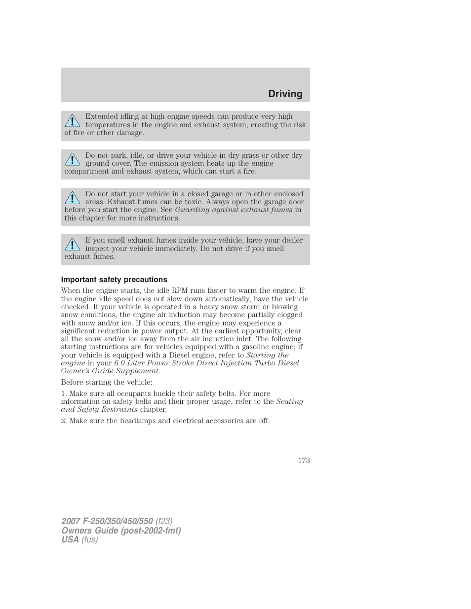 Important safety precautions, Driving | FORD 2007 F-550 v.2 User Manual | Page 173 / 312