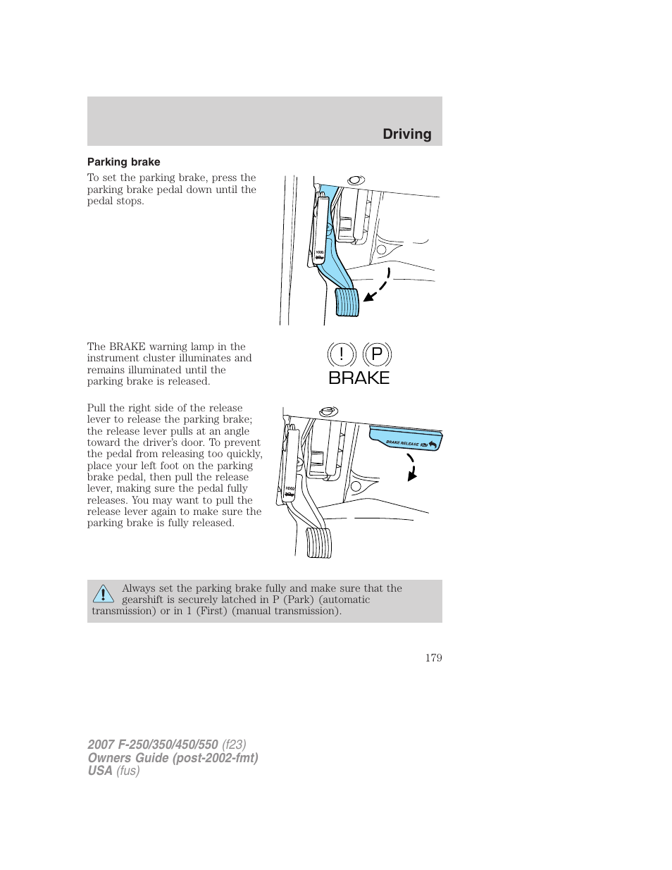 Parking brake, P! brake | FORD 2007 F-550 v.2 User Manual | Page 179 / 312