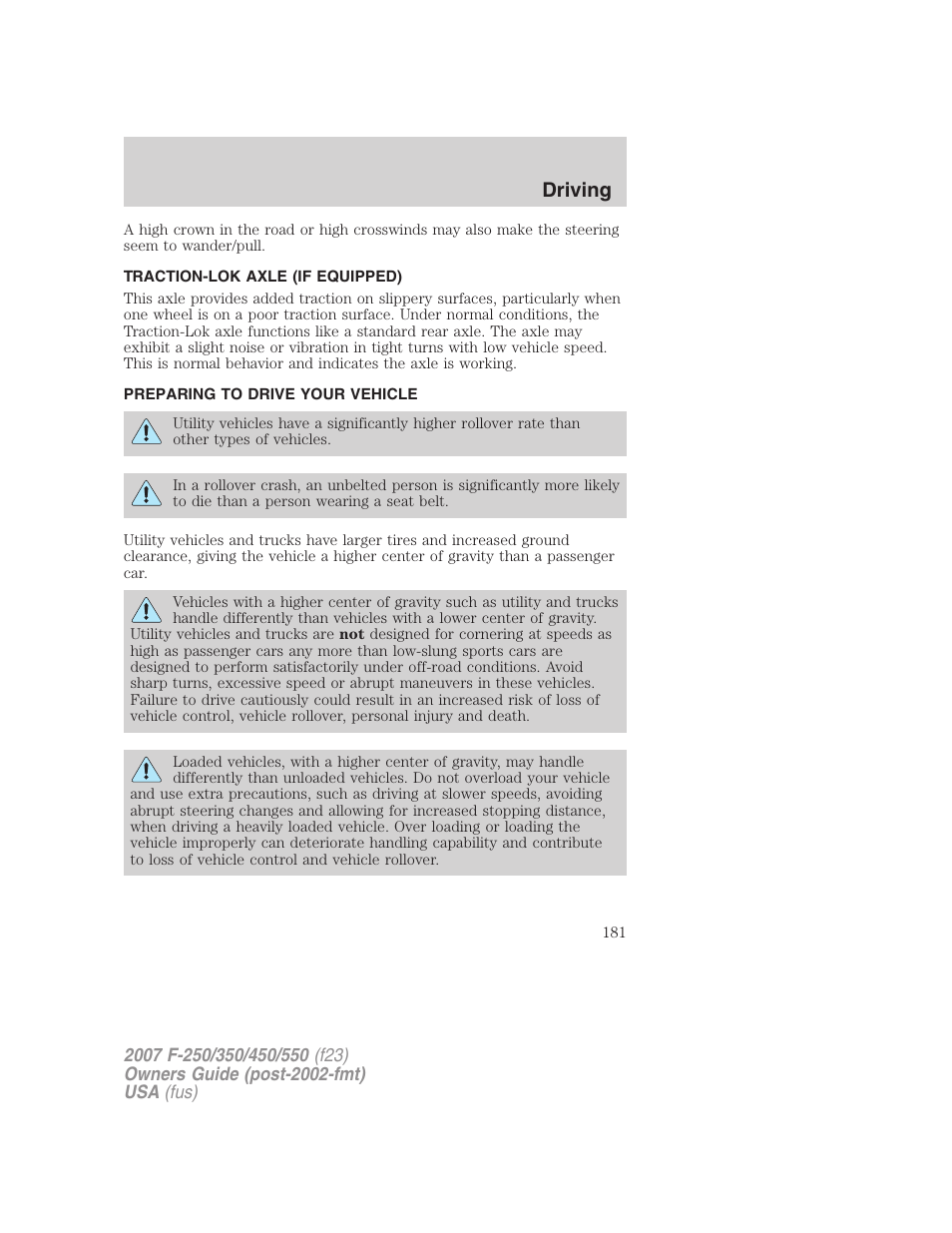 Traction-lok axle (if equipped), Preparing to drive your vehicle, Driving | FORD 2007 F-550 v.2 User Manual | Page 181 / 312