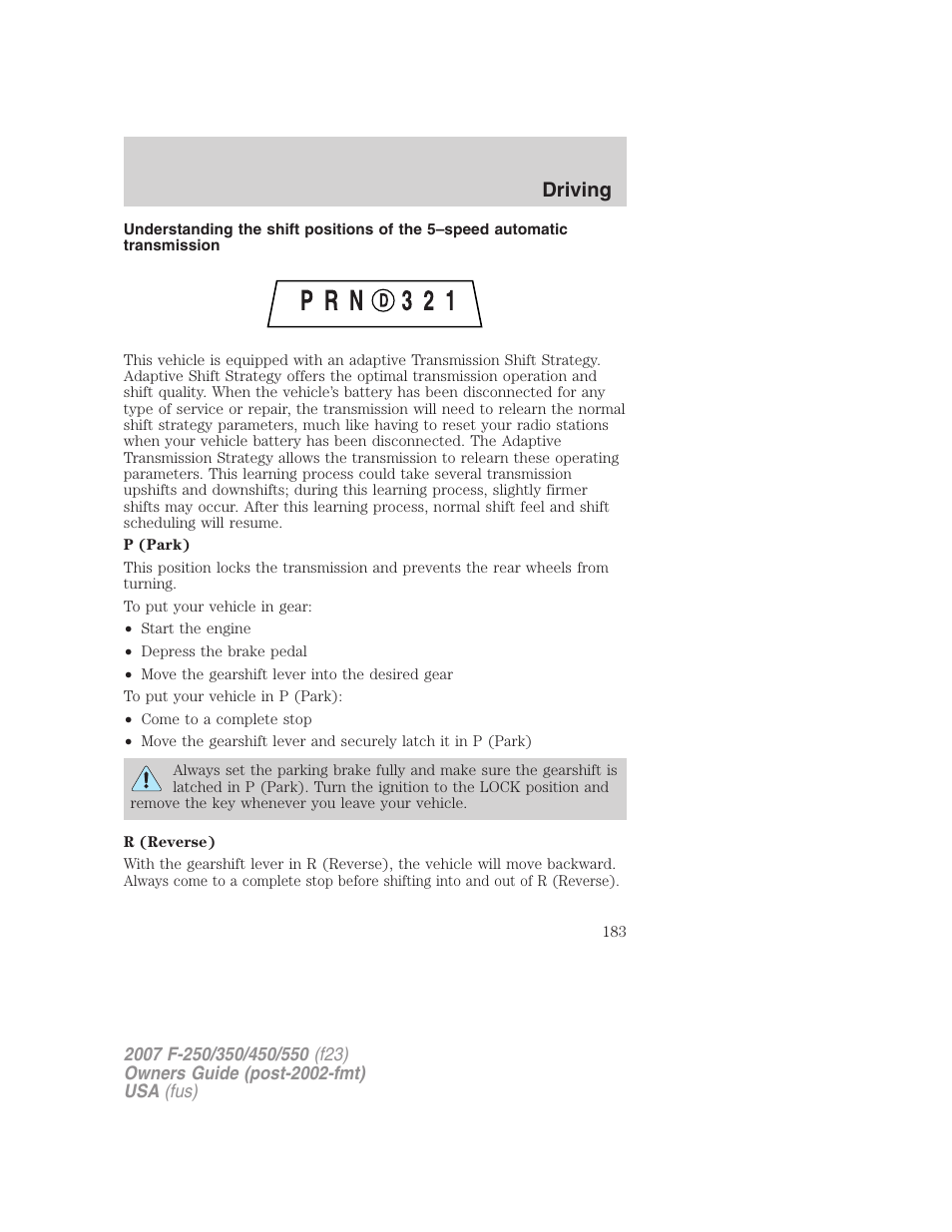 Driving | FORD 2007 F-550 v.2 User Manual | Page 183 / 312
