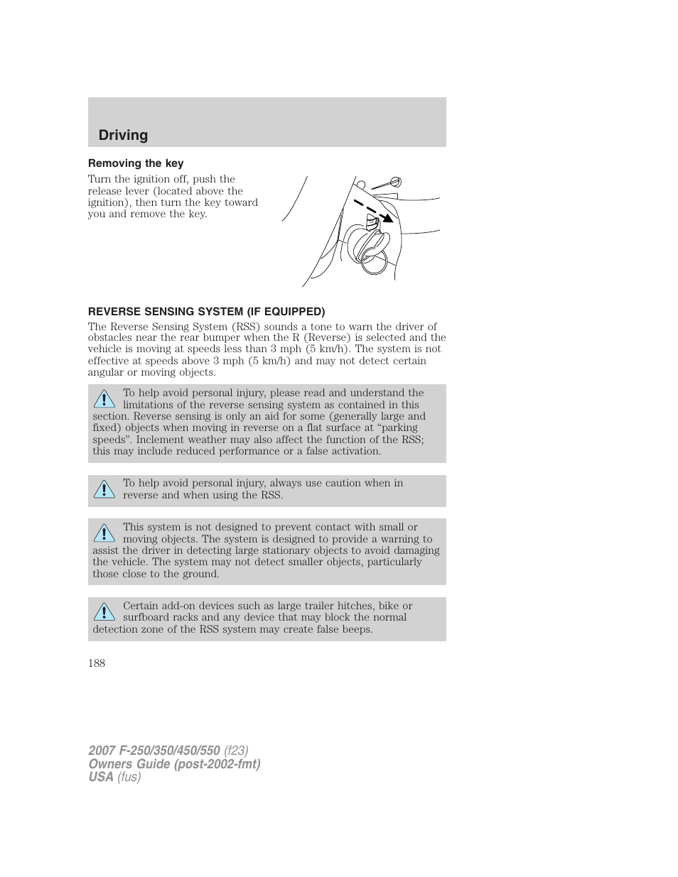 Removing the key, Reverse sensing system (if equipped), Driving | FORD 2007 F-550 v.2 User Manual | Page 188 / 312