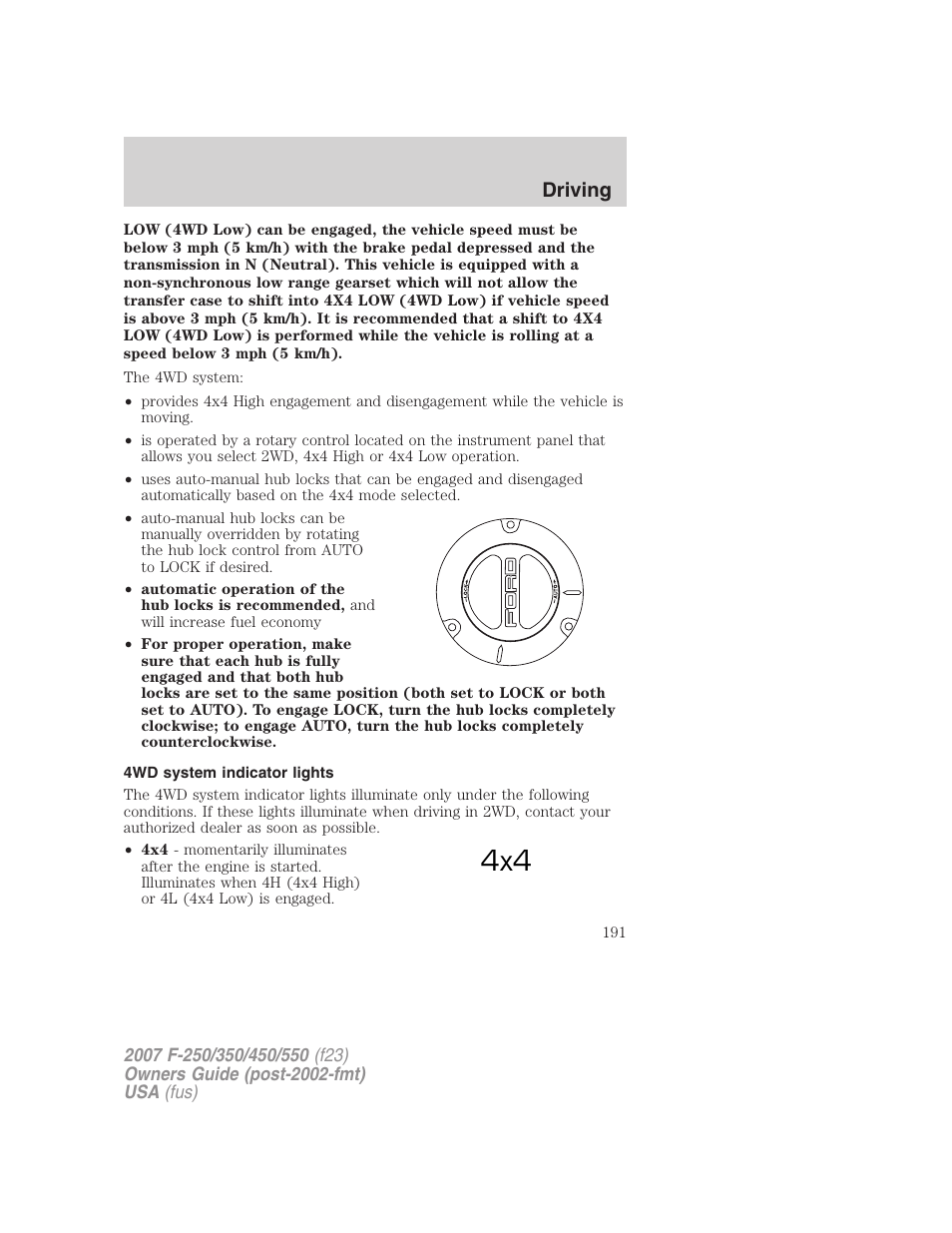 4wd system indicator lights, Driving | FORD 2007 F-550 v.2 User Manual | Page 191 / 312