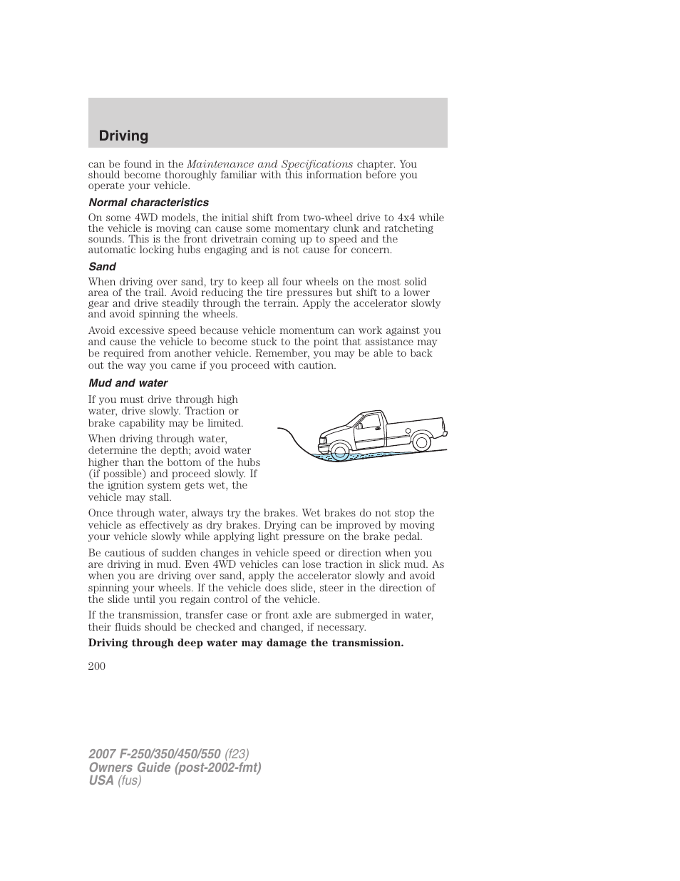 Normal characteristics, Sand, Mud and water | Driving | FORD 2007 F-550 v.2 User Manual | Page 200 / 312