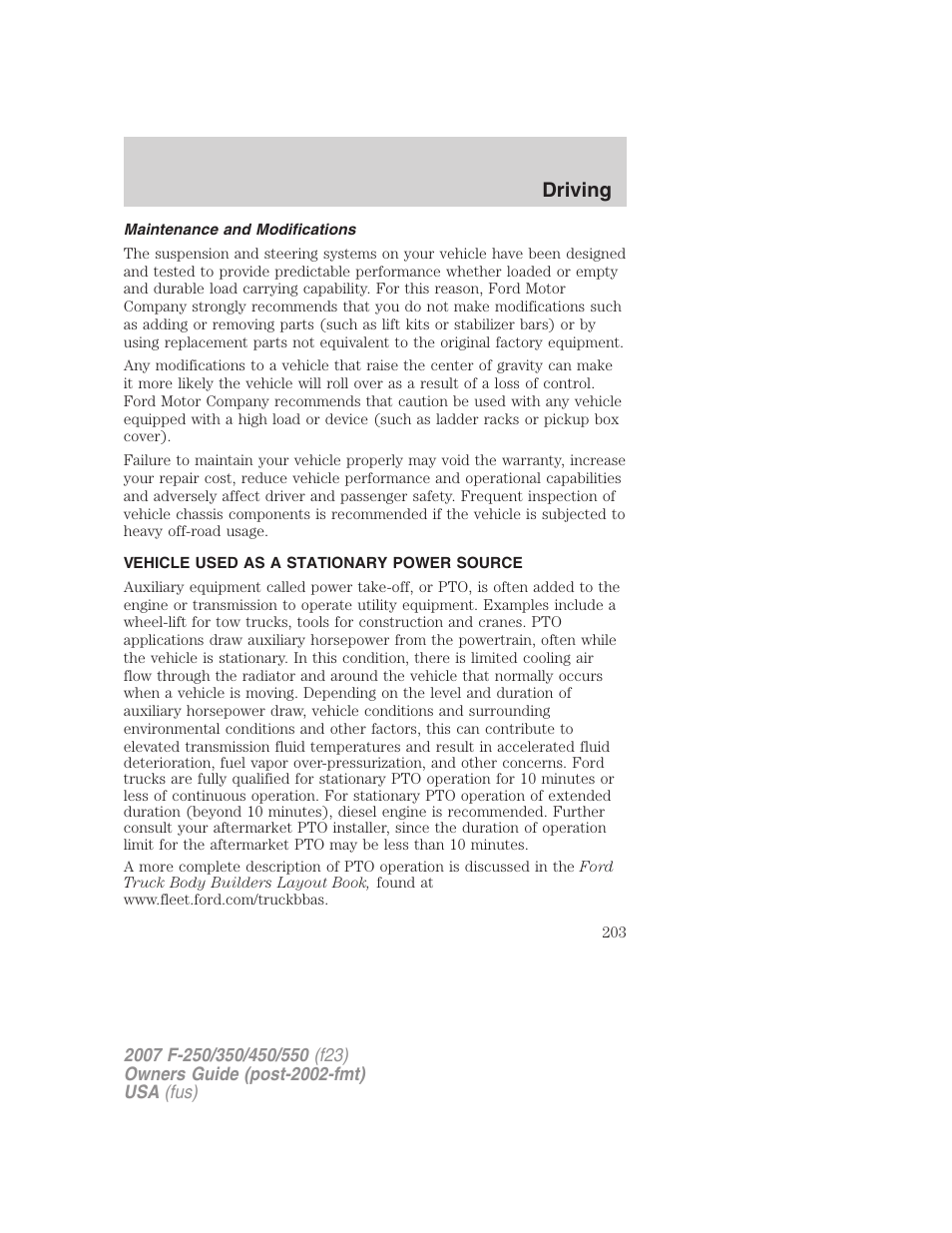 Maintenance and modifications, Vehicle used as a stationary power source, Driving | FORD 2007 F-550 v.2 User Manual | Page 203 / 312