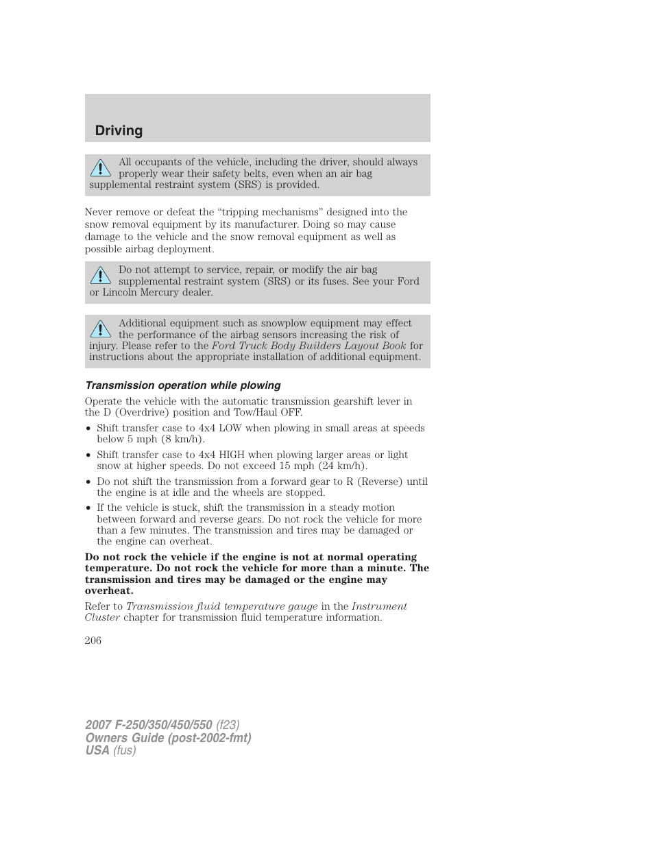 Transmission operation while plowing, Driving | FORD 2007 F-550 v.2 User Manual | Page 206 / 312