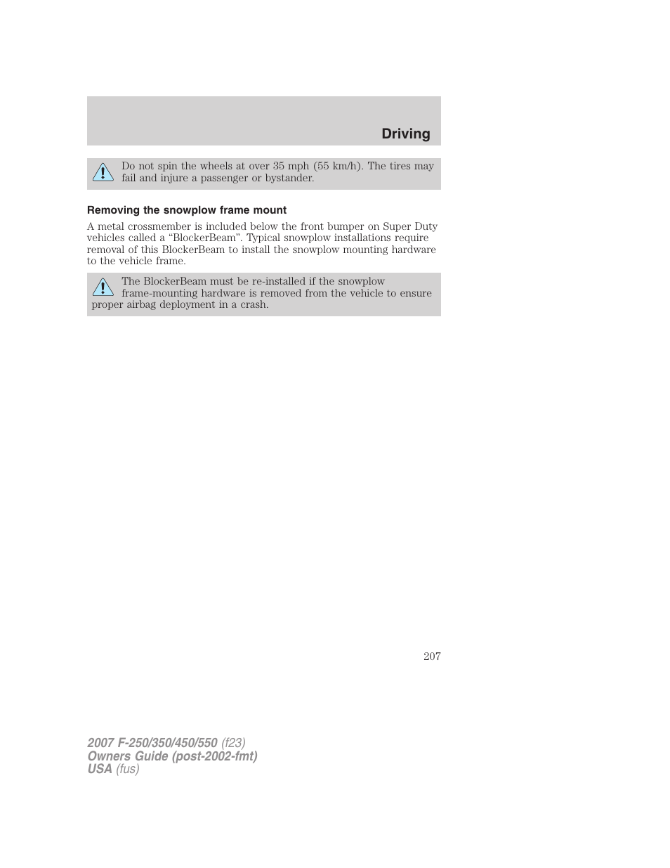 Removing the snowplow frame mount, Driving | FORD 2007 F-550 v.2 User Manual | Page 207 / 312