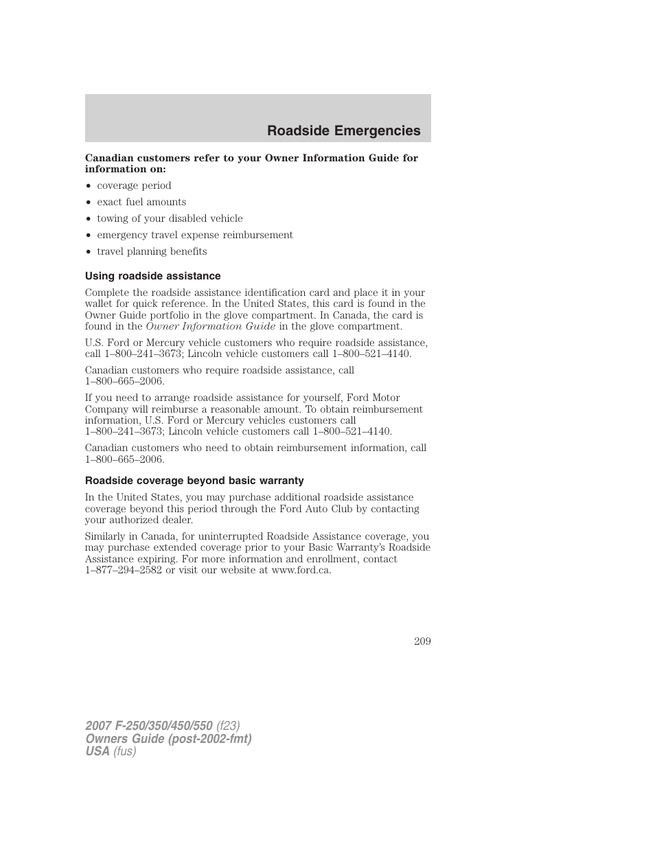 Using roadside assistance, Roadside coverage beyond basic warranty, Roadside emergencies | FORD 2007 F-550 v.2 User Manual | Page 209 / 312