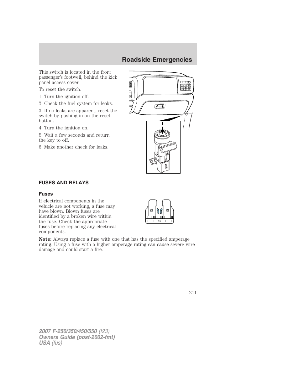 Fuses and relays, Fuses, Roadside emergencies | FORD 2007 F-550 v.2 User Manual | Page 211 / 312