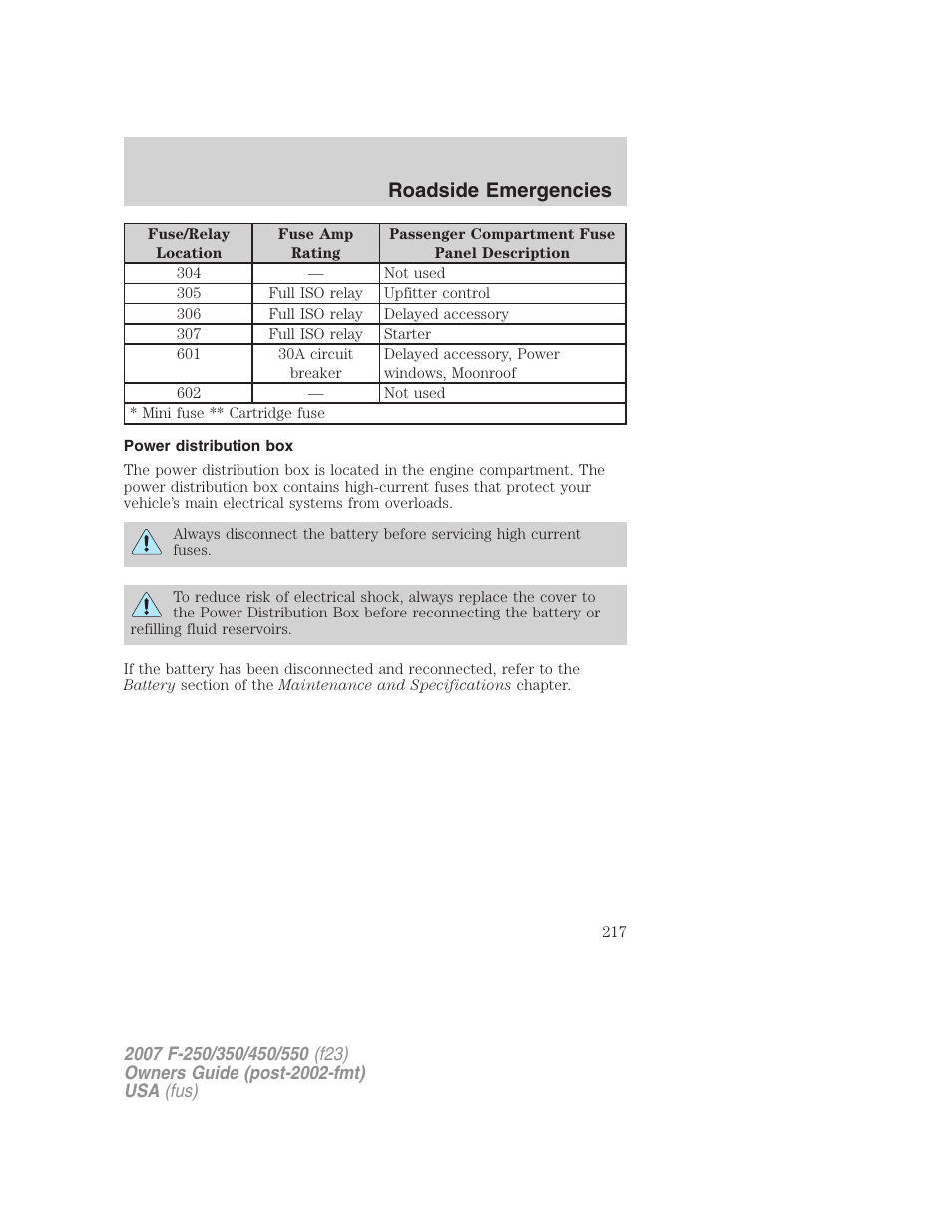Power distribution box, Roadside emergencies | FORD 2007 F-550 v.2 User Manual | Page 217 / 312