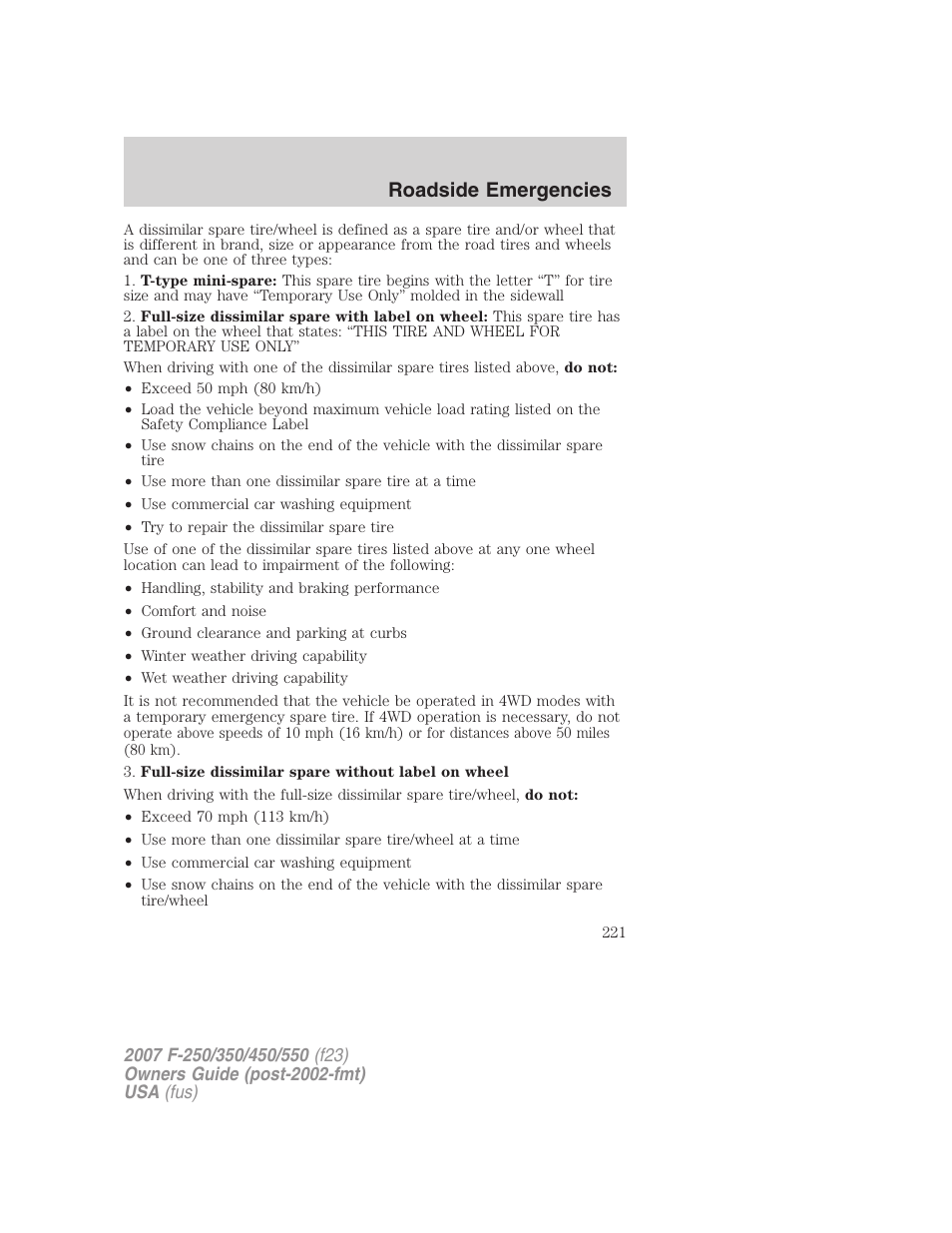 Roadside emergencies | FORD 2007 F-550 v.2 User Manual | Page 221 / 312