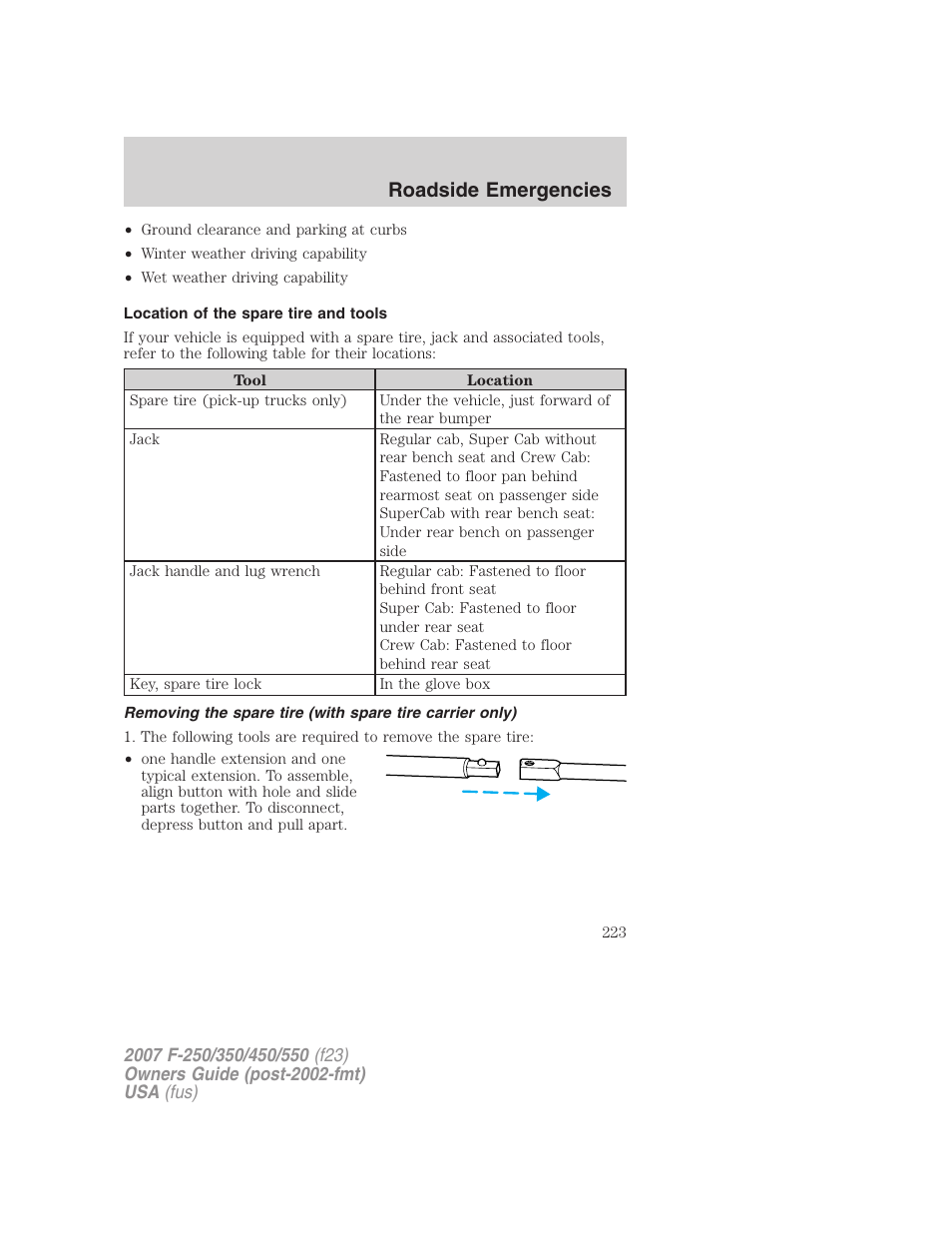 Location of the spare tire and tools, Roadside emergencies | FORD 2007 F-550 v.2 User Manual | Page 223 / 312