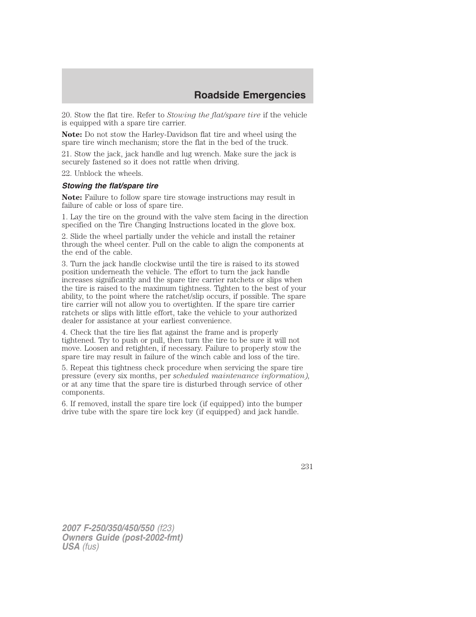 Stowing the flat/spare tire, Roadside emergencies | FORD 2007 F-550 v.2 User Manual | Page 231 / 312