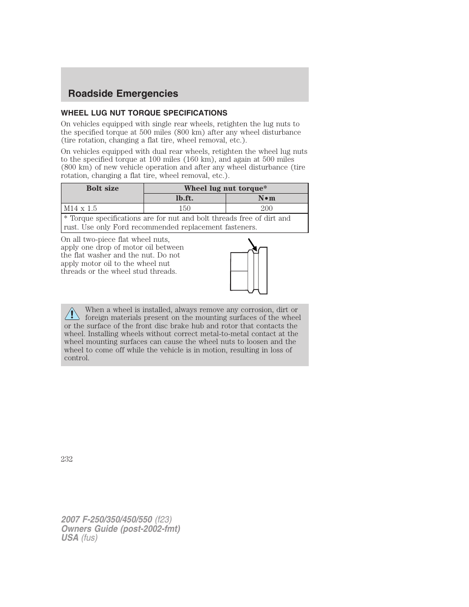 Wheel lug nut torque specifications, Lug nut torque, Roadside emergencies | FORD 2007 F-550 v.2 User Manual | Page 232 / 312