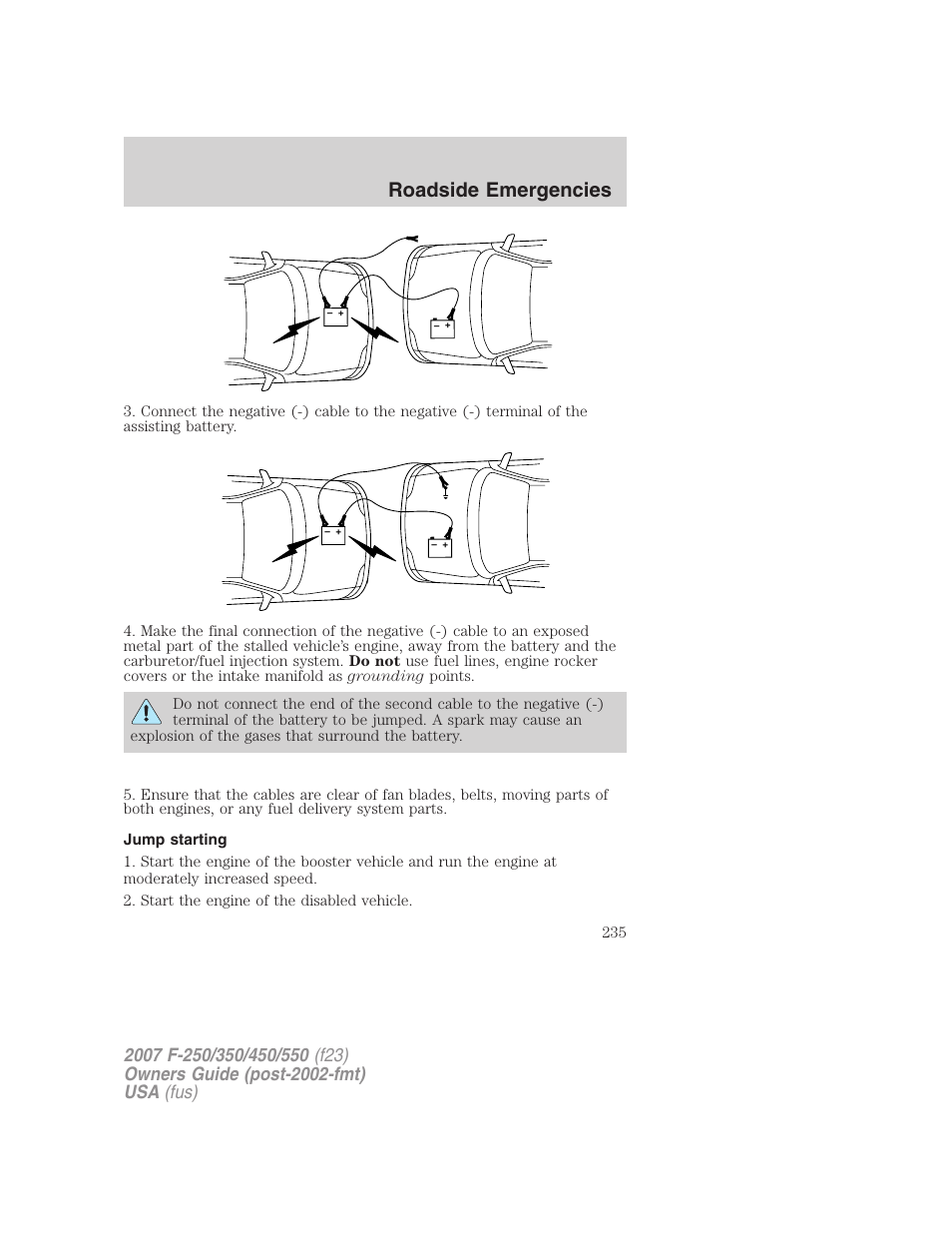 Jump starting, Roadside emergencies | FORD 2007 F-550 v.2 User Manual | Page 235 / 312