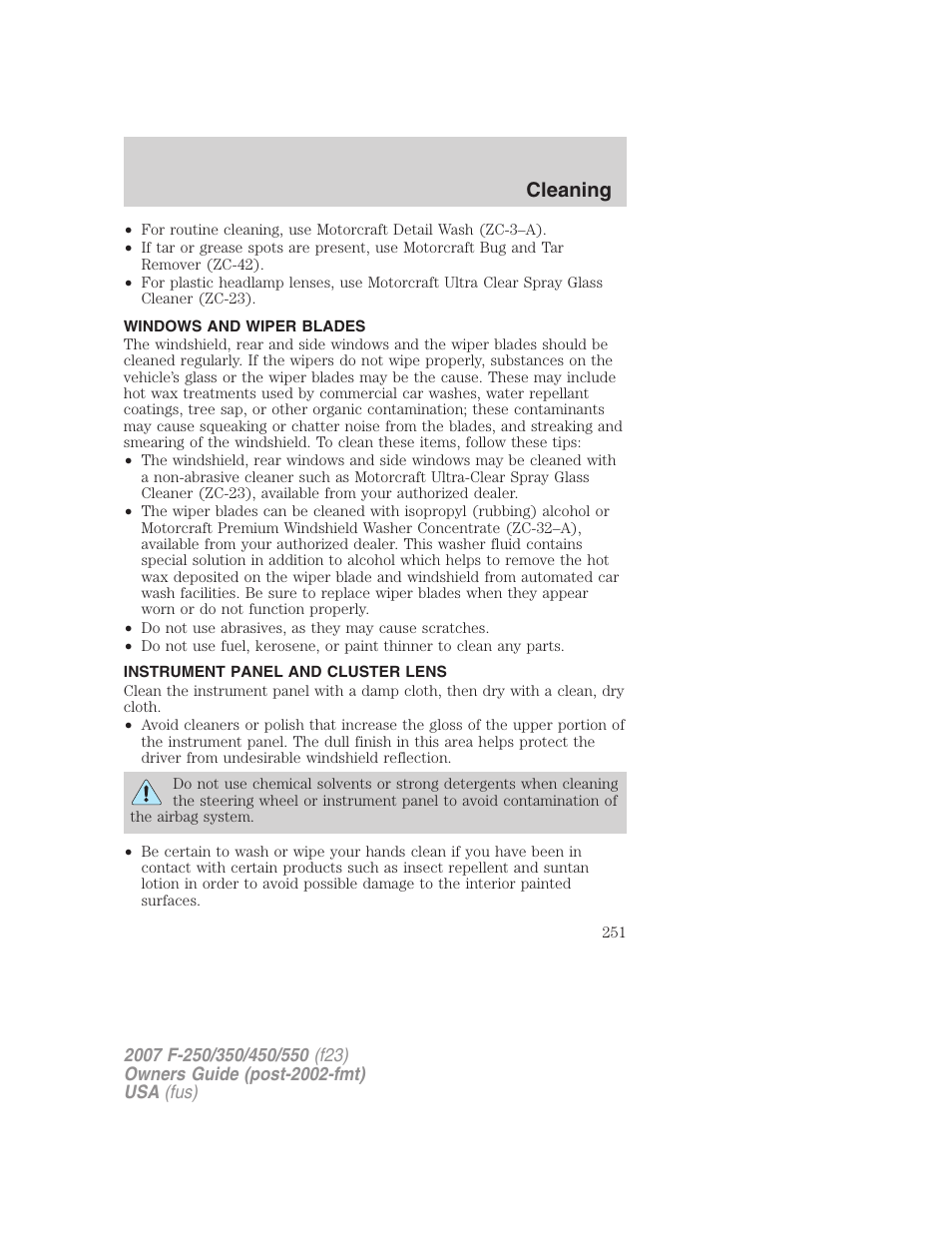 Windows and wiper blades, Instrument panel and cluster lens, Cleaning | FORD 2007 F-550 v.2 User Manual | Page 251 / 312