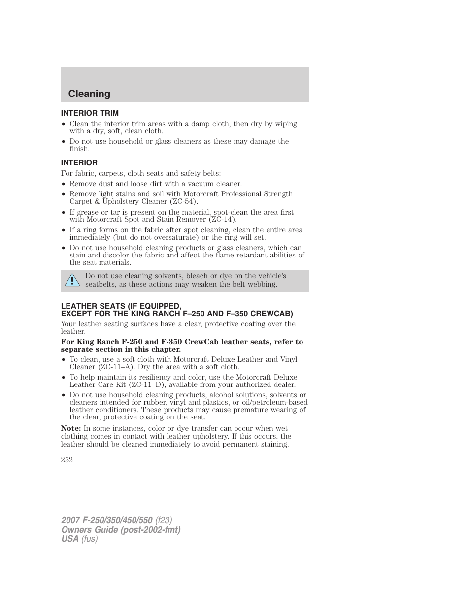 Interior trim, Interior, Cleaning | FORD 2007 F-550 v.2 User Manual | Page 252 / 312