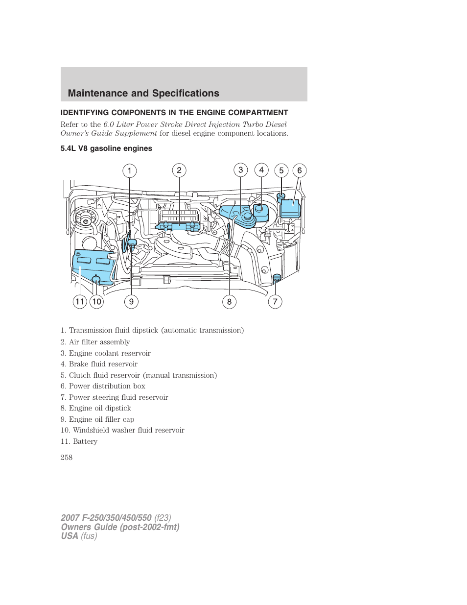 Identifying components in the engine compartment, 4l v8 gasoline engines, Engine compartment | Maintenance and specifications | FORD 2007 F-550 v.2 User Manual | Page 258 / 312